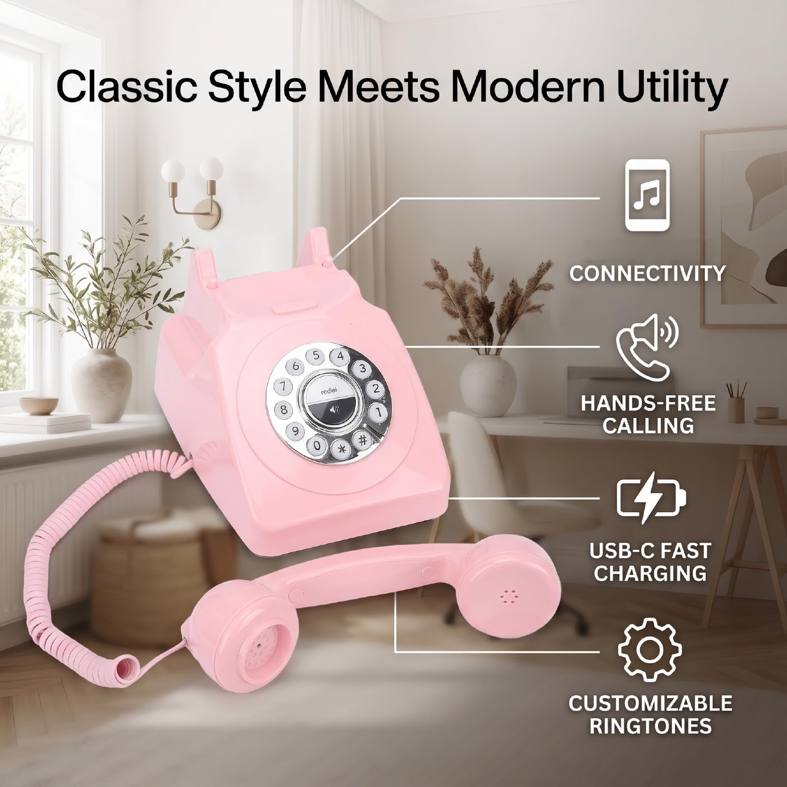 Yctze Téléphone Fixe Bluetooth Rétro, sans Fil Rechargeable (Pink)