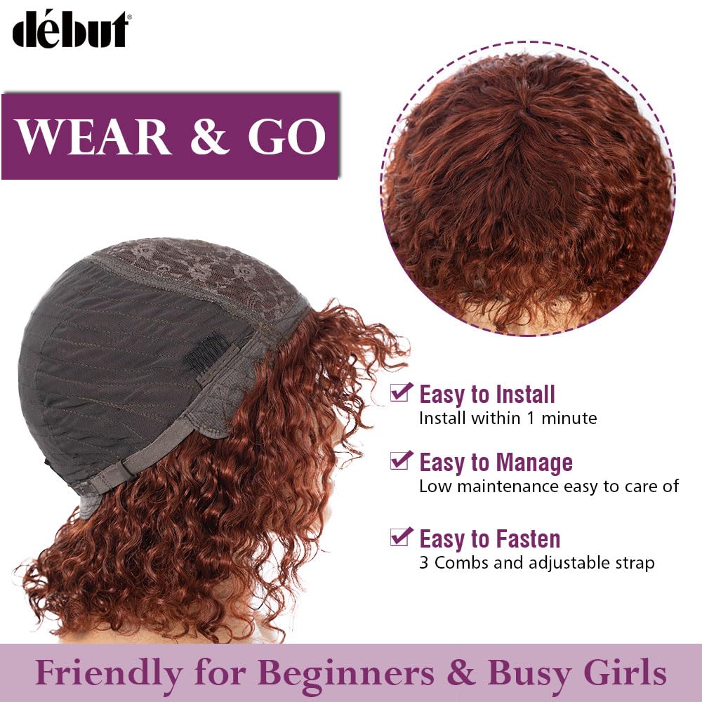 Reddish Brown Short Curly Bob Wigs, 100% Human Hair Glueless Wig with Bangs, 10 Inches Water Wave Wear and Go Bangs Wigs 150% Density