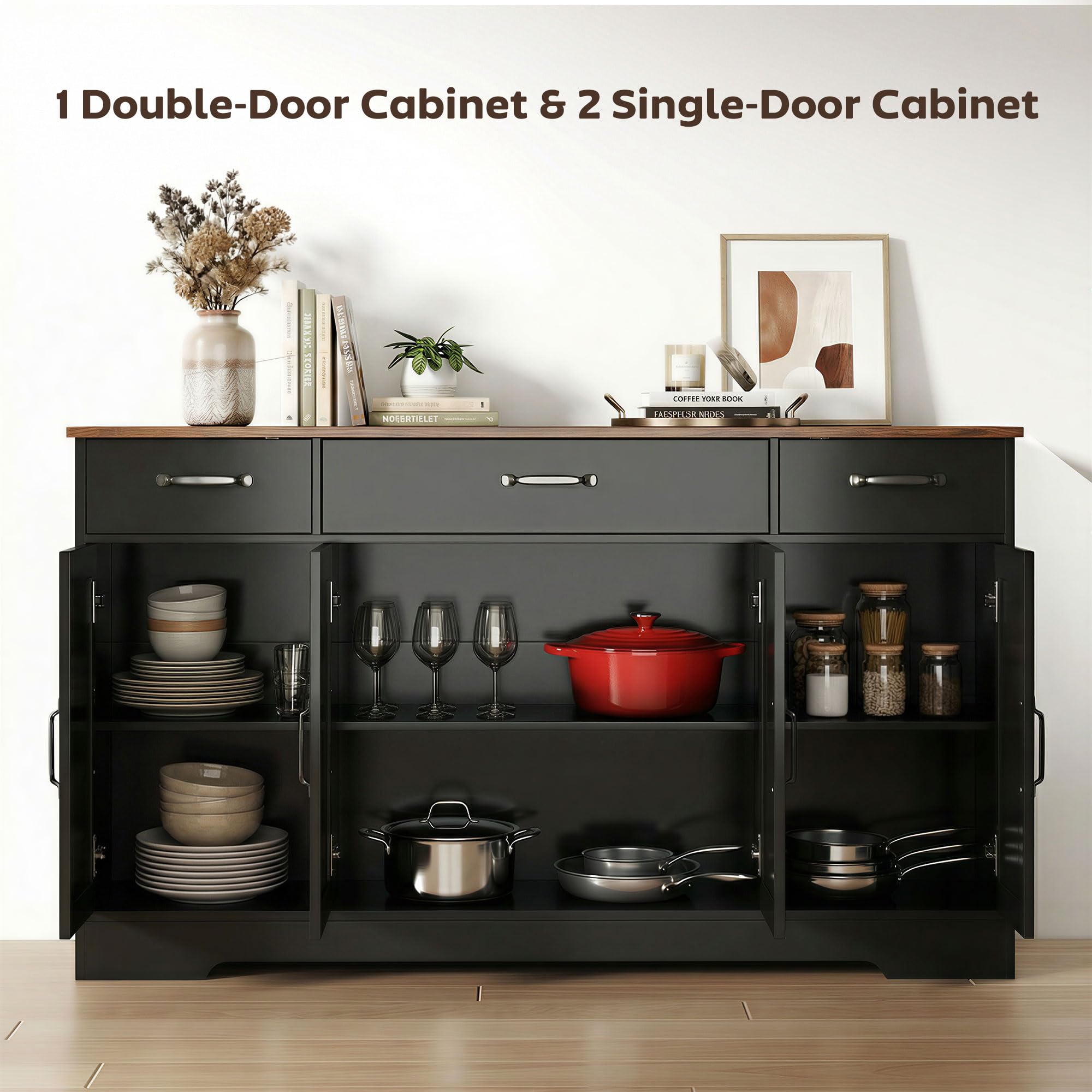 HOMCOM Sideboard Buffet Cabinet, 55" Farmhouse Kitchen Storage Cabinet with 4 Barn Doors, 3 Drawers, 3 Adjustable Shelves, Coffee Bar Station, TV Stand for TVs up to 60 Inch, Black - 5