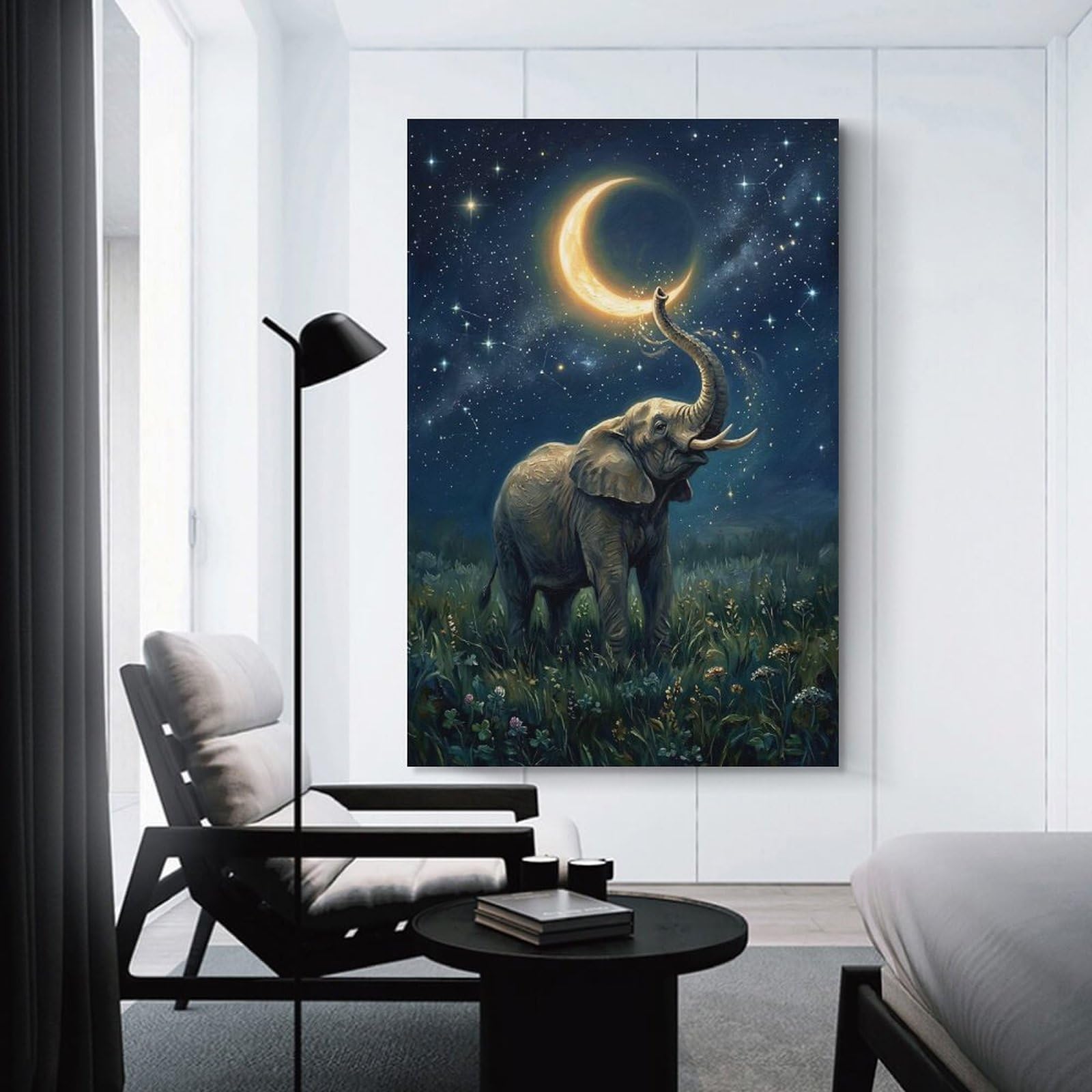 Junmoney Wall Picture Print Elephant Reaching for Crescent Moon, 12x18inch(30x45cm), for Living Room, Bedroom Or Home Office, Thoughtful Wall Decor for Art Lovers
