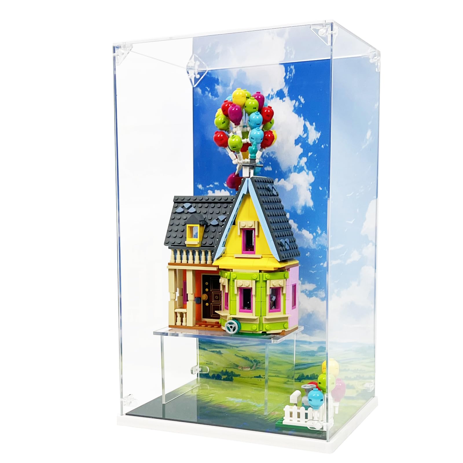 Acrylic Display Case for Lego Pixar ‘Up’ House,Lego 43217 Dustproof Display Case,Classic Up House Building Toy Set Display Case with Clear Base?HD Painted Background (Only Case)