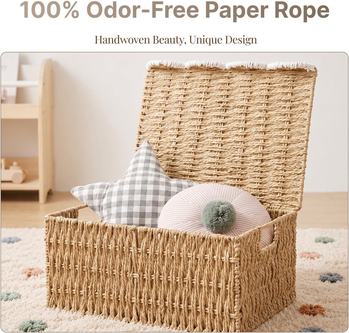 Wicker Basket with Scalloped Edge Lid, Water Hyacinth Storage Basket with Built-in Handles, Handwoven Wicker Box for Living Room, 15" L x 11 ¼" W x 7" H (Paper Rope)