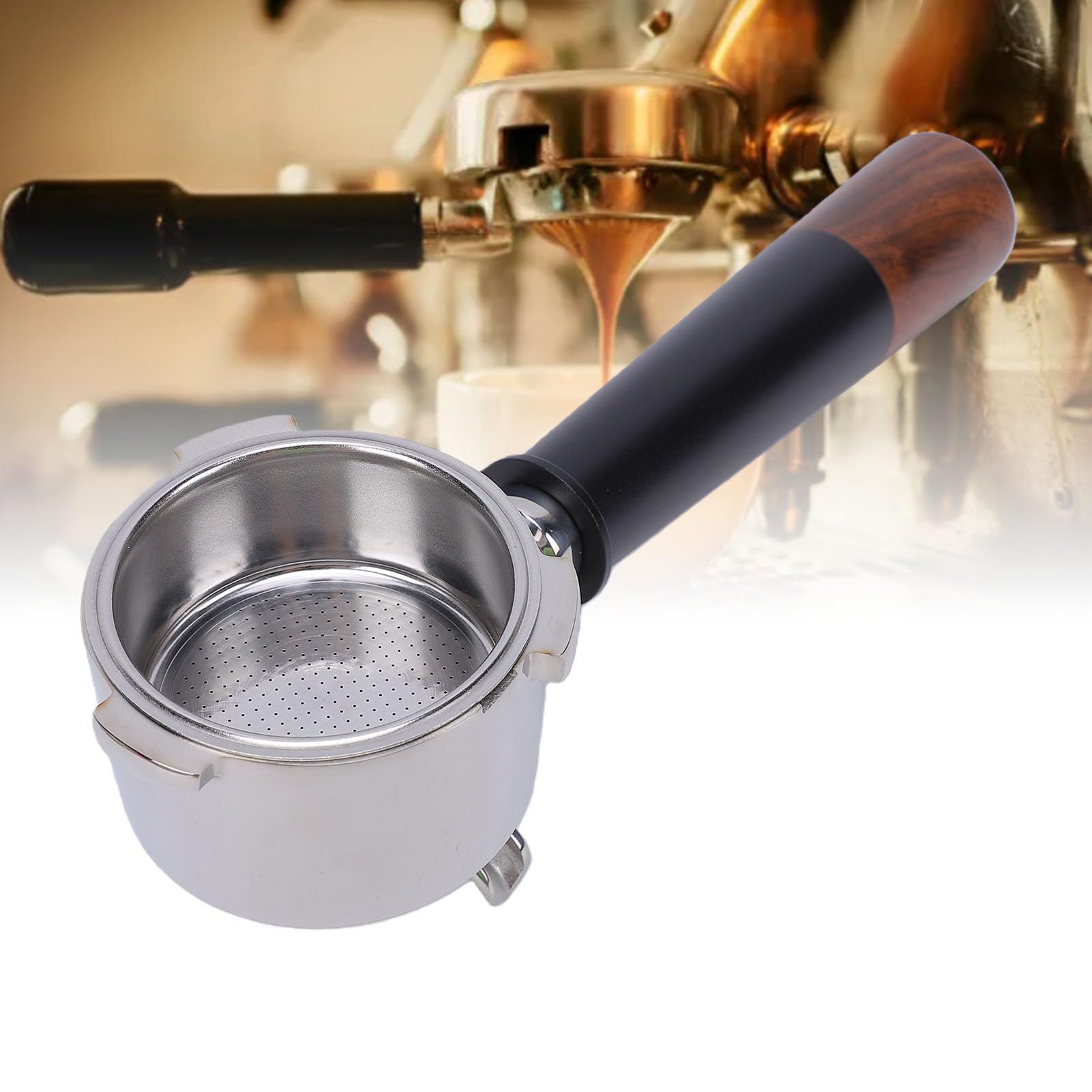 Portafiltro de café de 51 Mm, 3 Orejas, Acero Inoxidable con Mangos de Nogal, para Máquinas de Espressos (Caño doble con fondo)