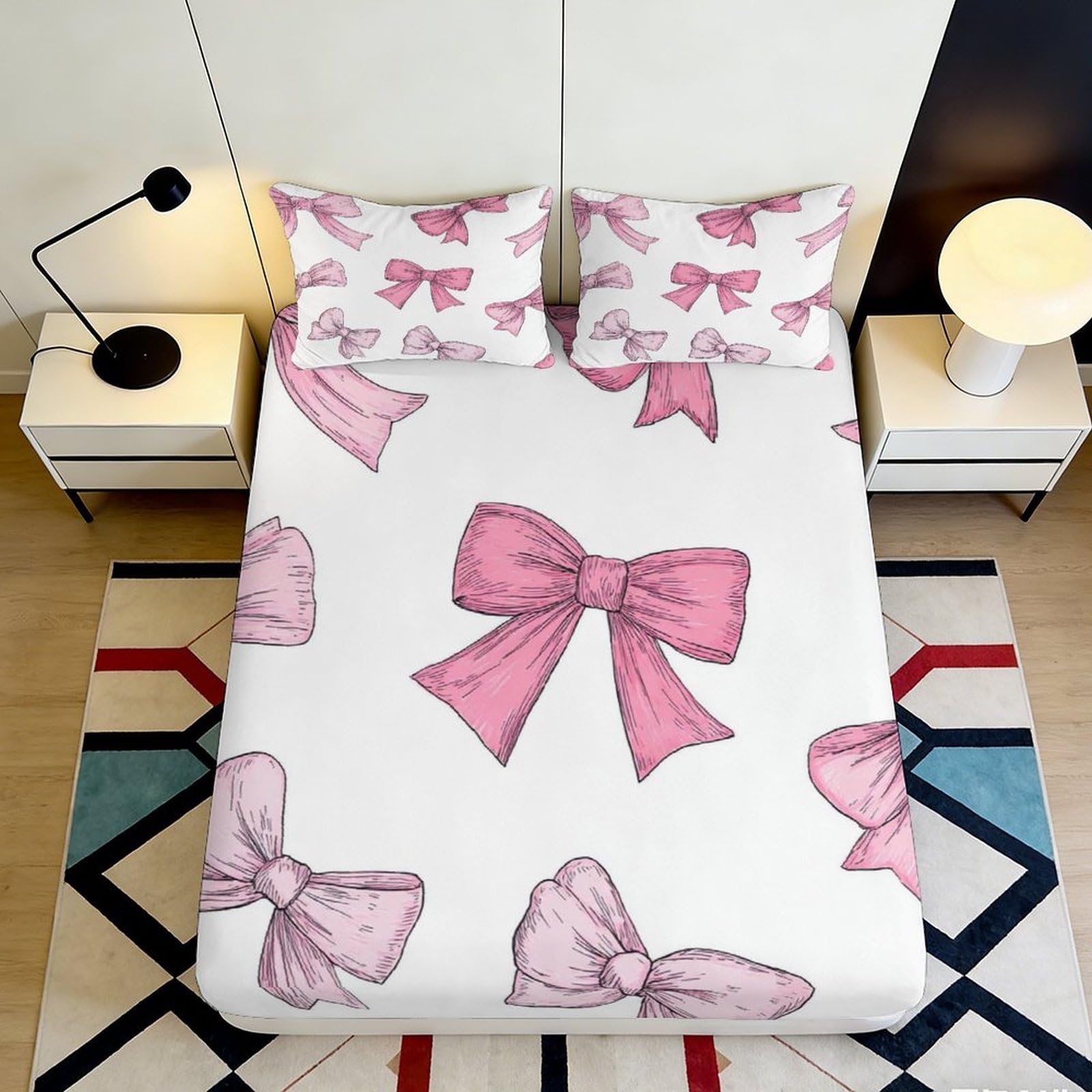 3D Printed Pink Bow Fitted Sheet Microfiber Soft Breathable Ribbon Bed Sheet for Bedroom Dormitory Guest Room Mattress Cover Protect Decor 140x200x25cm