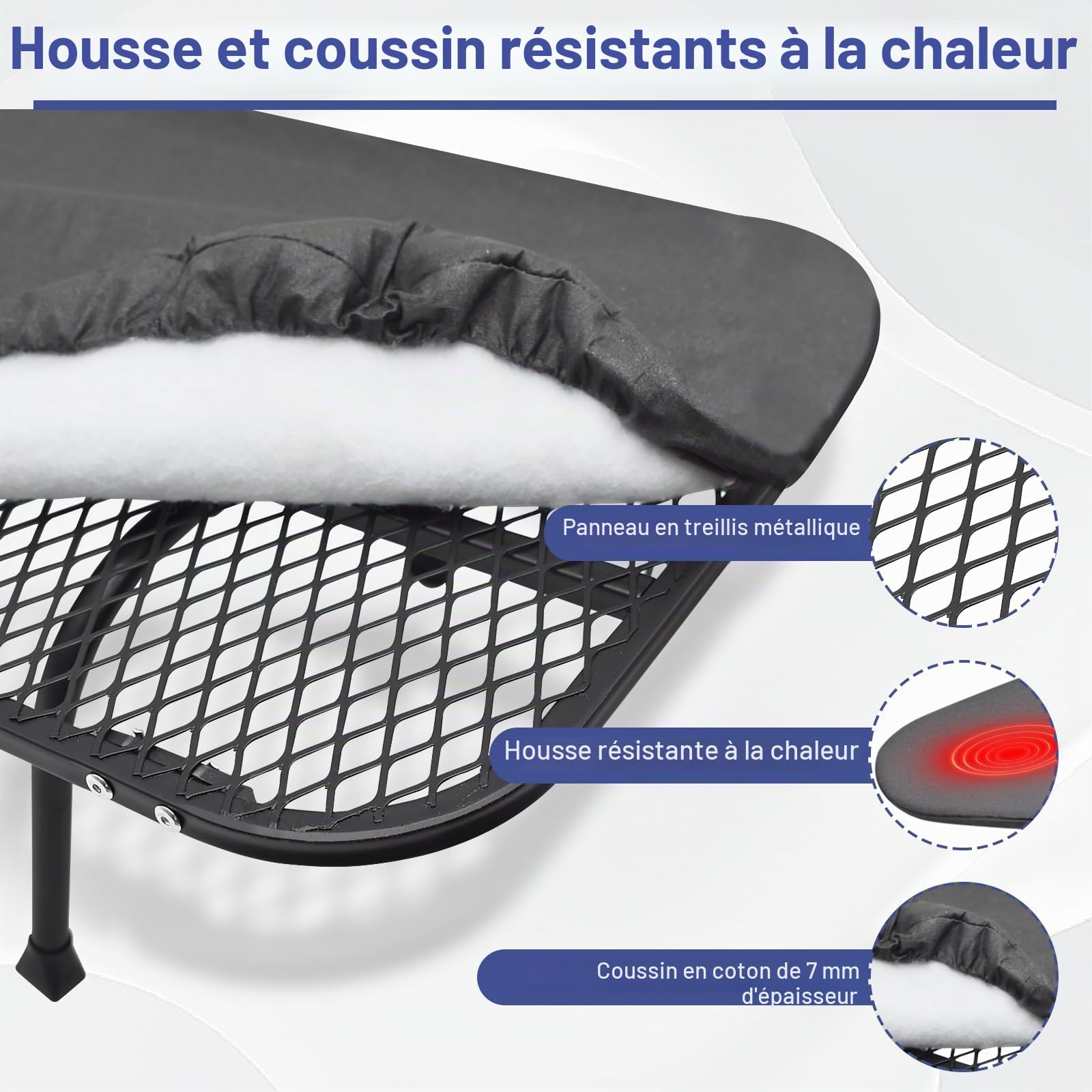 Table à Repasser avec Porte-Fer, Planche Repasser Pliable avec Housse Coton, Maille Métallique, Pieds Antidérapants, pour Fer Vapeur Domicile Voyage, Gris Foncé