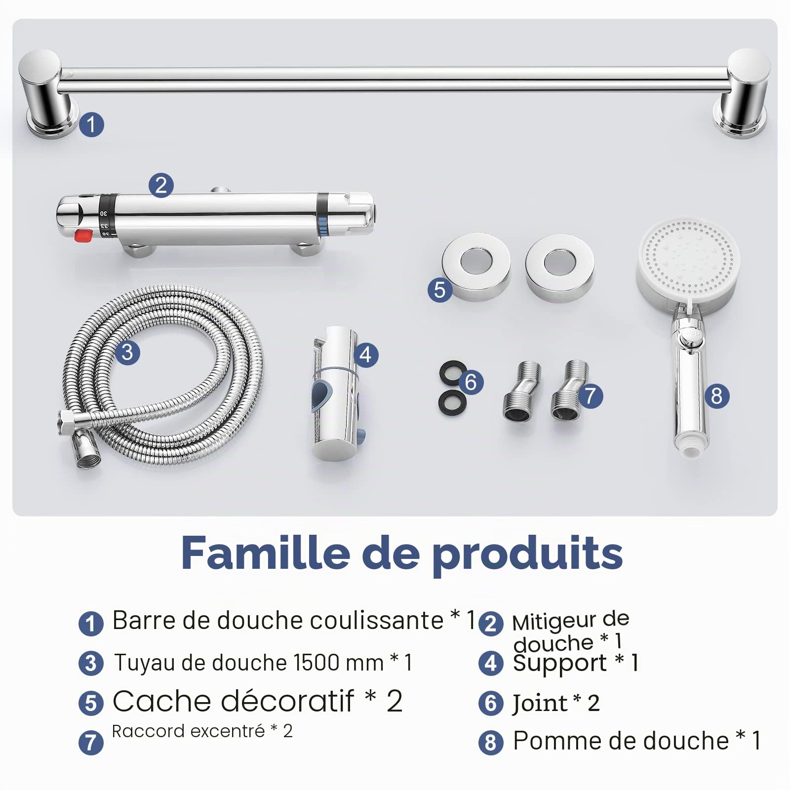Ensemble de Douche avec Mitigeur Thermostatique avec Barre 635mm en Laiton | Système de Douche Thermostatique avec Mitigeur,Réglable Barre,Douchette à Main 5 Jets, Flexible Tuyau 1.5M, G 1/2", Chromé