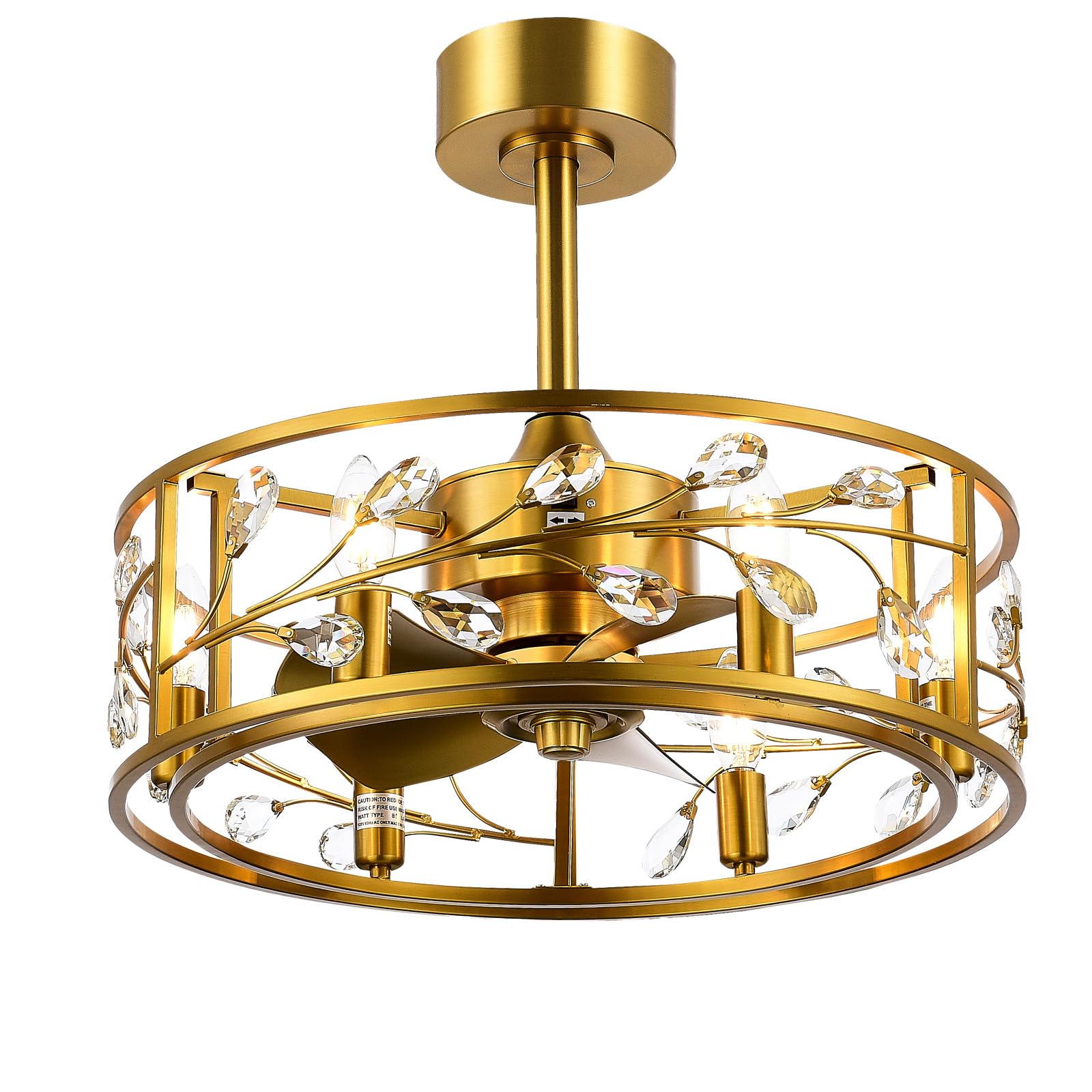Gold Crystal Ceiling Fans with Lights Remote Control, 20 Inch Farmhouse Low Profile Caged Chandelier, Modern Enclosed Small Ceiling Fan for Living Room/Bedroom