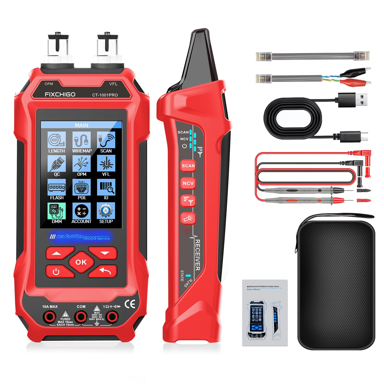 Photo 1 of 11 In 1 Network Cable Tester with 60000 Digit Multimeter 7 Wavelengths OPM 10Km/10mW VFL 600M Measurable Length 100 Records Tool Kit for CAT5 CAT6 Telephone Ethernet RJ11 RJ45 PoE Wire Tracer NCV, Red