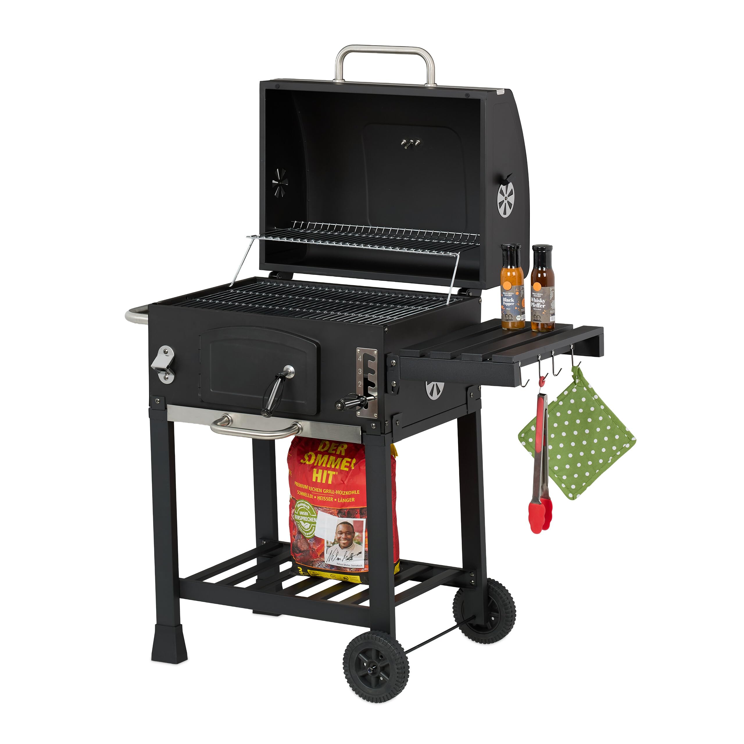 Relaxdays Grill na węgiel drzewny, grill na kółkach, z pokrywą, grill ogrodowy XXL, czarny/srebrny, 1 sztuka
