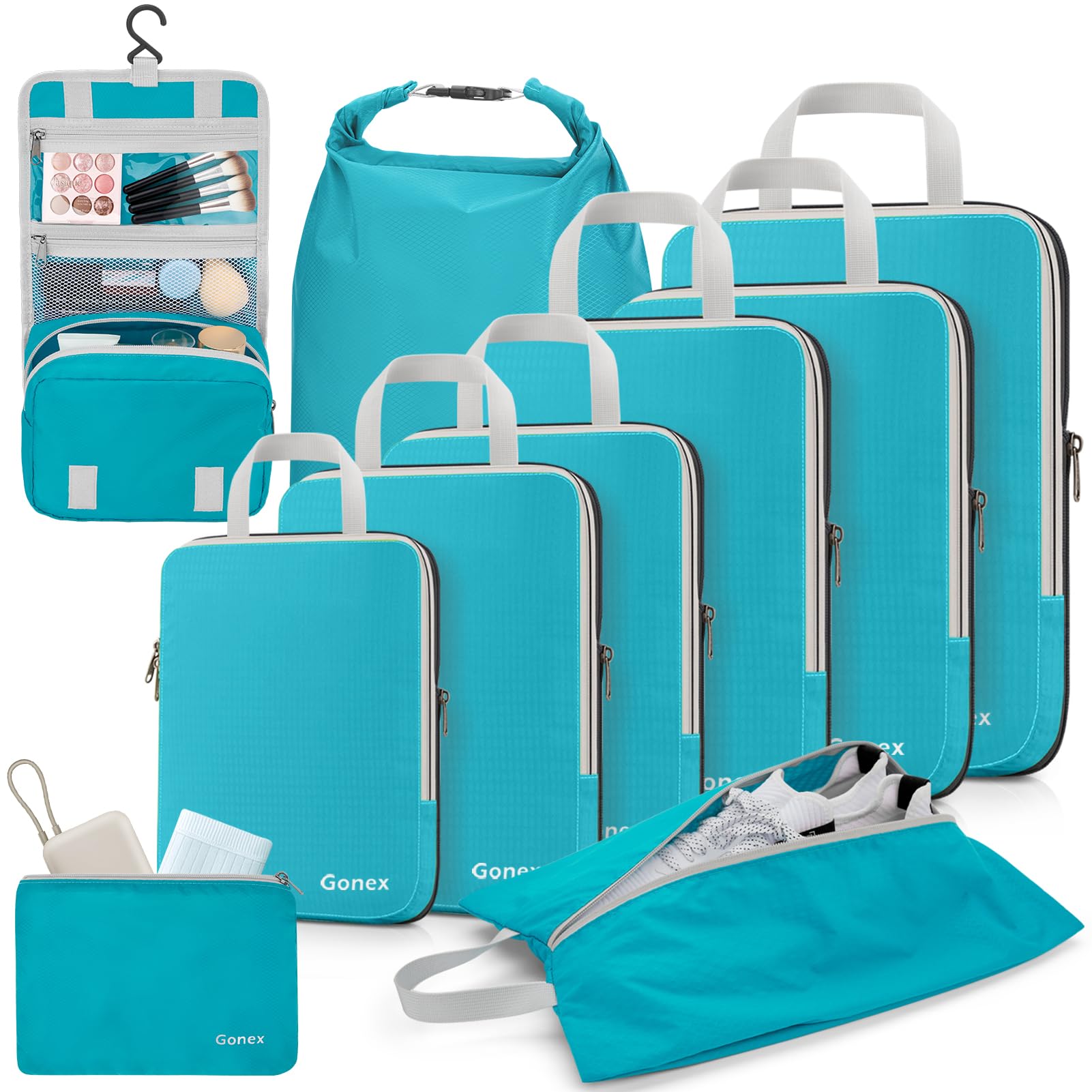 Gonex 10 Set Compression Packing Cubes, Expandable Storage Travel Bags for Suitcase, Luggage Organizers with Hanging Toiletry Bag Laundry Bag Shoe Bag Accessories Bag (Blue)