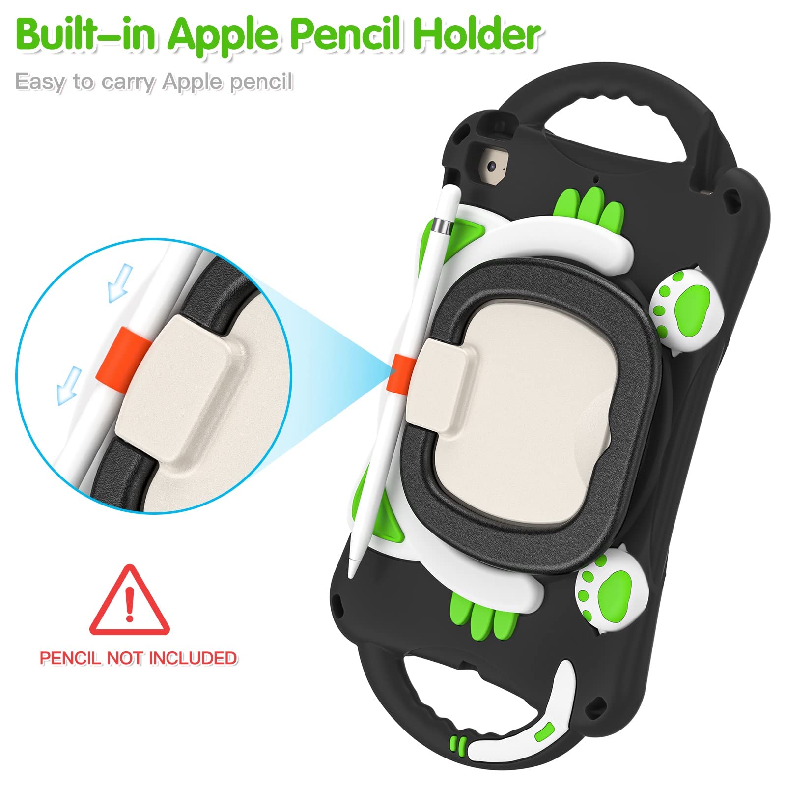 Etui na iPada Mini 1/2/3/4/5 uroczy kot dla dzieci przyjazny pokrowiec ochronny odporny na upadki odporny na wstrząsy W obrotowa podpórka + uchwyt + pasek na ramię (czarny + zielony)