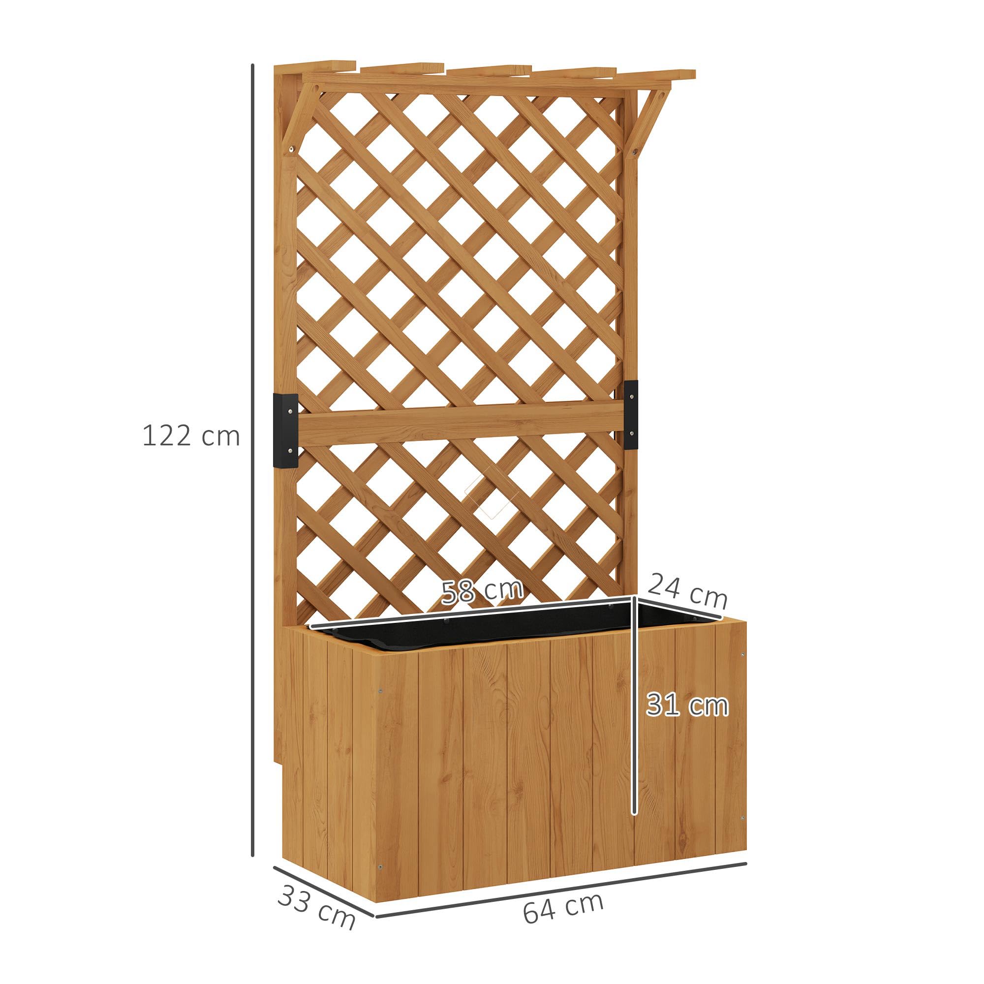 Outsunny Jardinière avec Treillis, bac à Fleurs, lit surélevé en Bois Massif avec Trous de Drainage et Doublure, pour Plantes grimpantes, légumes et Fleurs, 64 x 33 x 122 cm, Bois Naturel