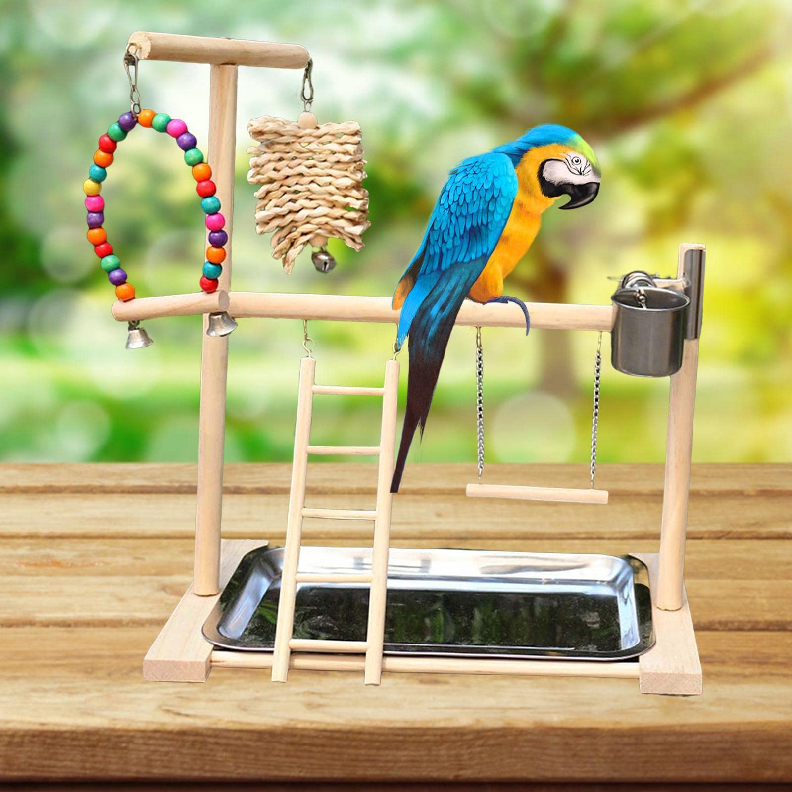 Perchoir pour Perroquets avec Balançoire, échelle, Mangeoire et Accessoires en Bois Naturel, Fabriqué à La Main. Convient Aux Animaux de Compagnie.