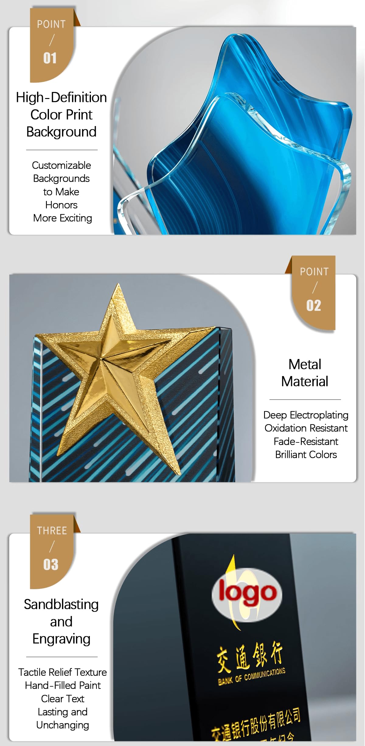 Trofeo de premio de cristal personalizado, medallas distintivas para campeones de competición, subcampeones y tercer lugar, reconocimiento honorífico