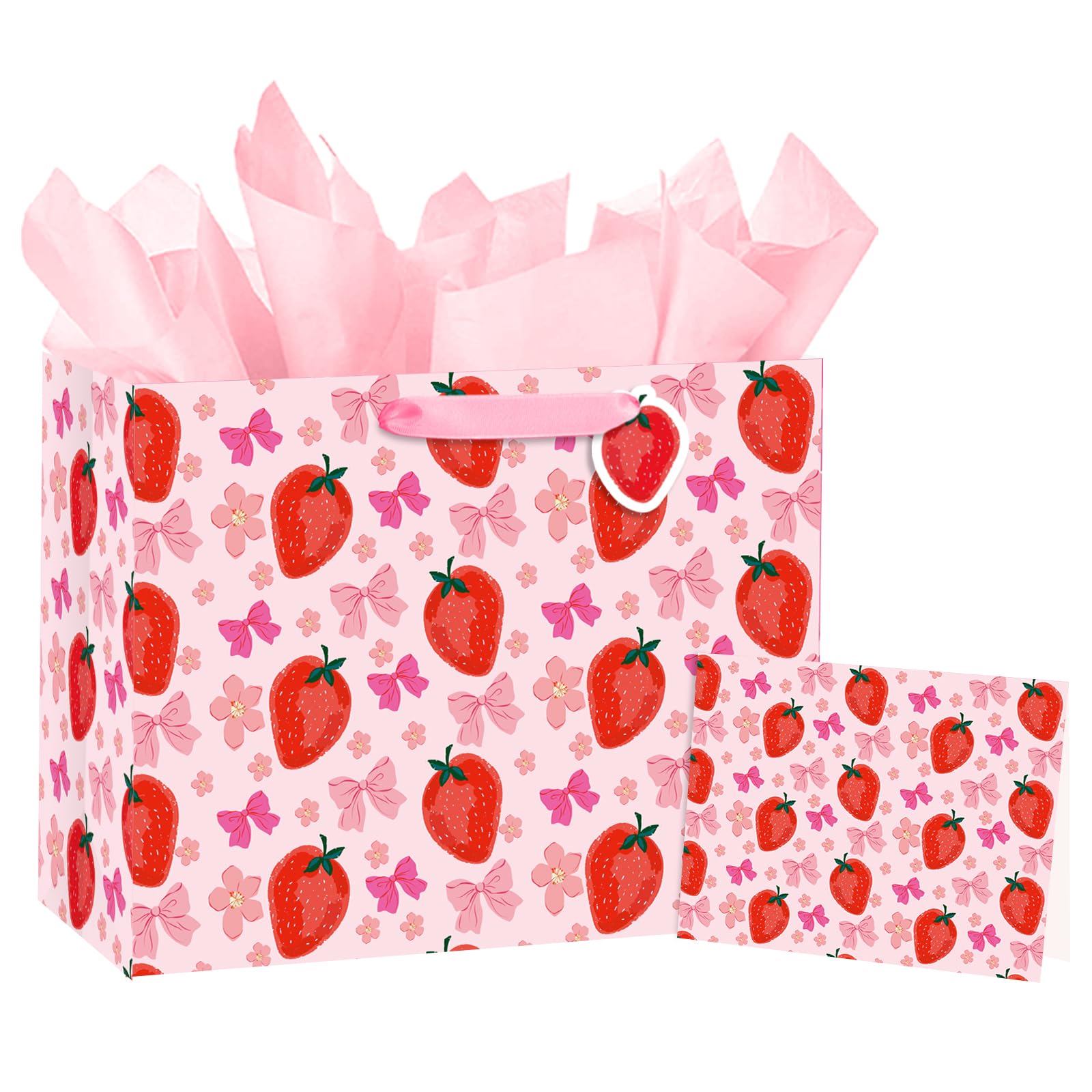 Loveinside Strawberry Bow Gift Bag for Girls, Pink Bow and Sweet berry Design, Medium Size with Tissue Paper, Tag, Card for Birthday, Valentine's Day, Wedding, Bridal Shower, 13" x 5" x 10", 1 Pcs — image 1