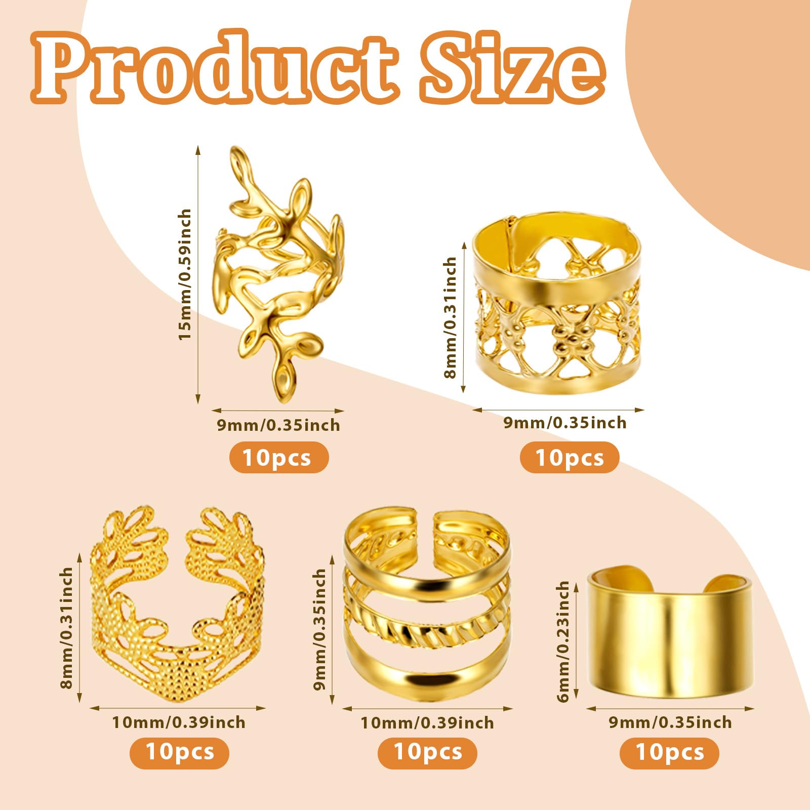 50 piezas de joyas doradas para trenzas, rastas, anillos ajustables, puños, abalorios, cuentas, decoraciones para hombres y mujeres