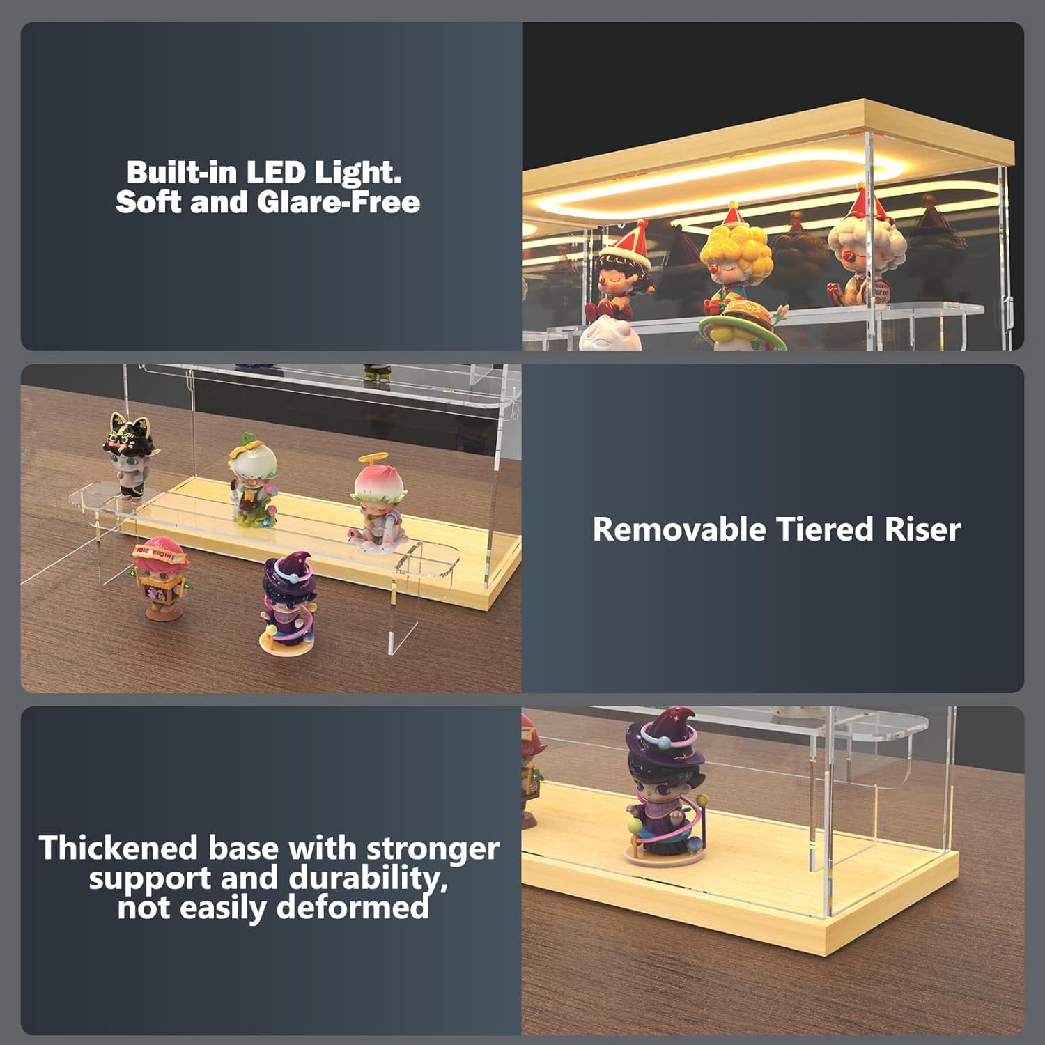 DuvinDD 3 livelli con scale vetrina acrilica trasparente per personaggi Pop Mart Labubu, vetrina antipolvere per oggetti da collezione (3 livelli con scale, venature del legno)