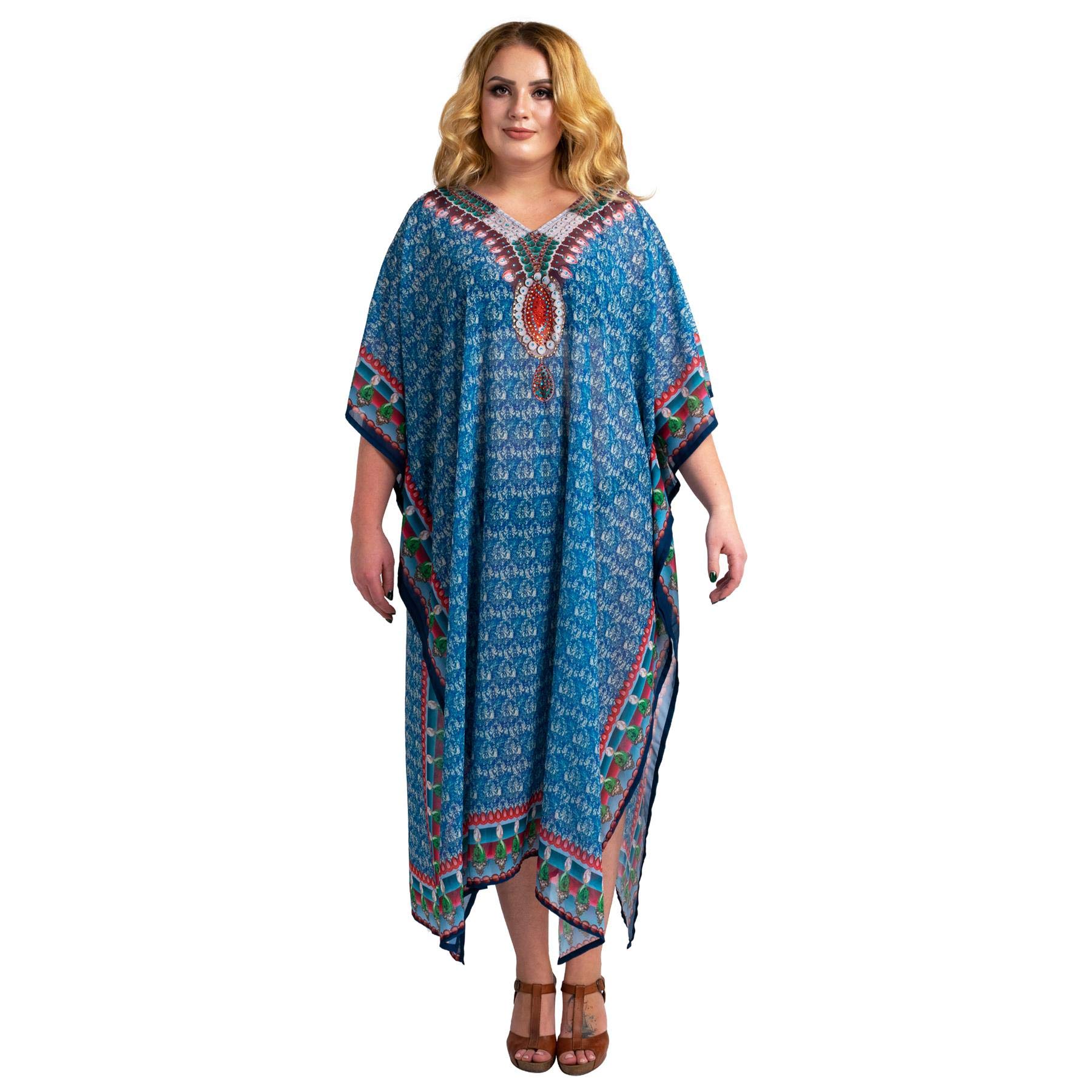 Miss Lavish LondonStonework and Hand Embroidered Kaftans Sizes from X-Large Turq Suiting Teens to Adult Women in Regular to Plus Size