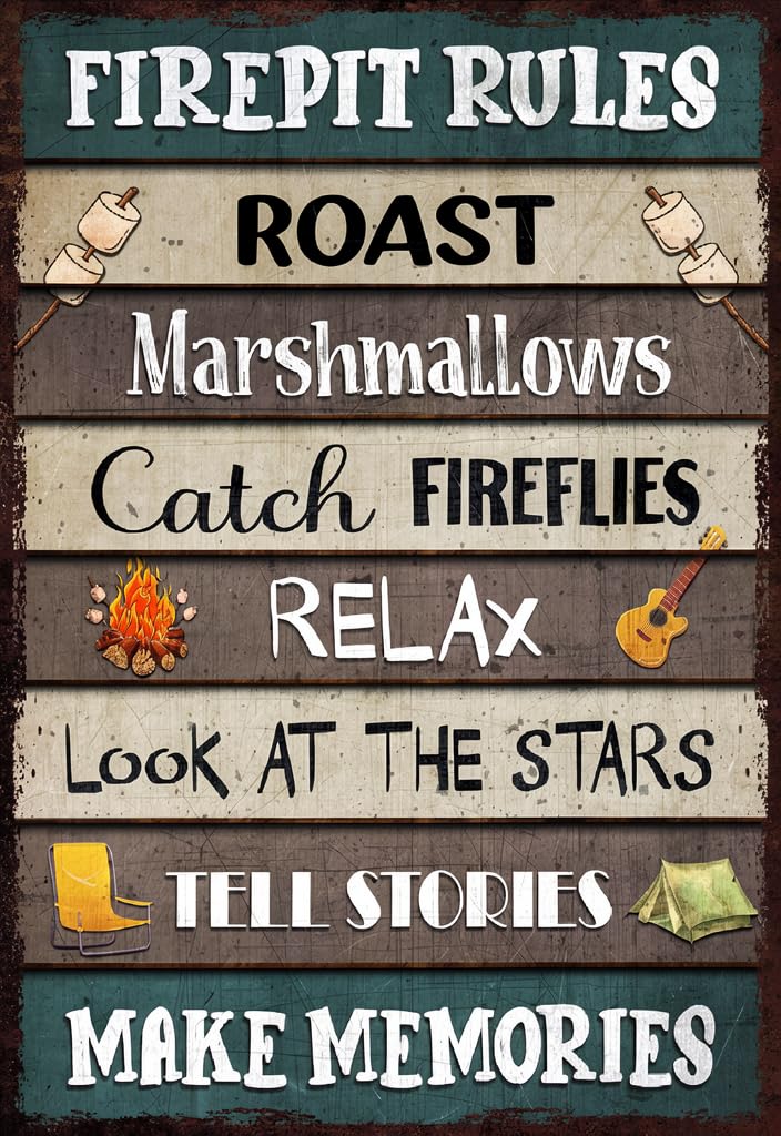 peiyeety Firepit Rules Tin Sign 12x8 Inch Vintage Metal Wall Decor, Rustic Campfire Marshmallows Catch Fireflies Relax Quote Sign for Patio Porch Cabin Backyard Home Gift