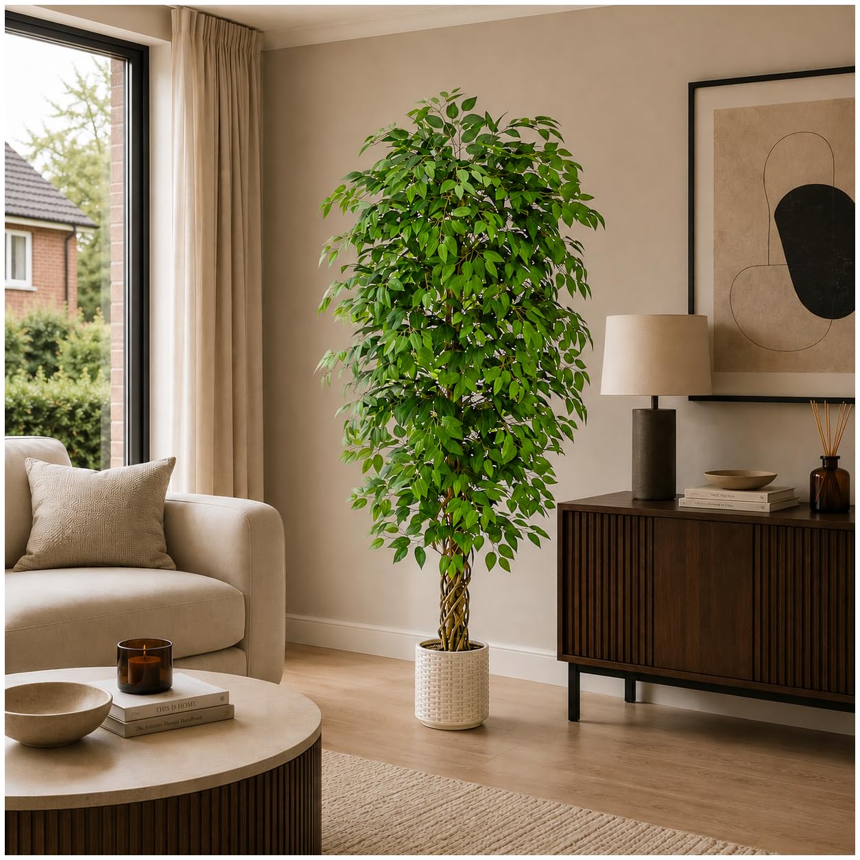 TNGGNT Kunstpflanze Ficus Benjamini 6FT, Künstliche Pflanzen Groß mit Topf | Künstlicher Gefälscht Baum, Ficus Künstlichen für die Esszimmer und Eingangsbereich und Wohnzimmer, Topf Pflanzen Groß 180CM