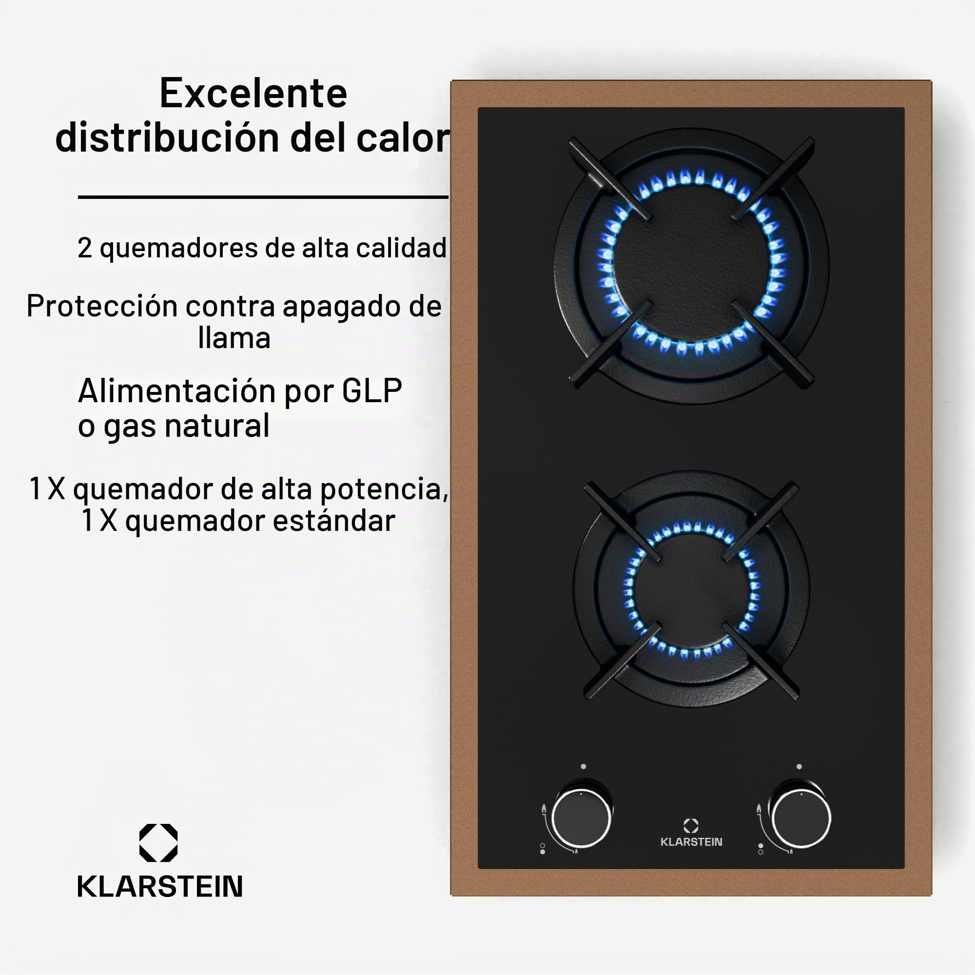Klarstein Lumiflame Placa de Gas, 2 Quemadores, 4,2kW, Superficie de Cristal Templado, Encendido Eléctrico, Seguridad FFD, Marco de Cobre, Soportes de Hierro Fundido, Compatible con GLP/Gas Natural