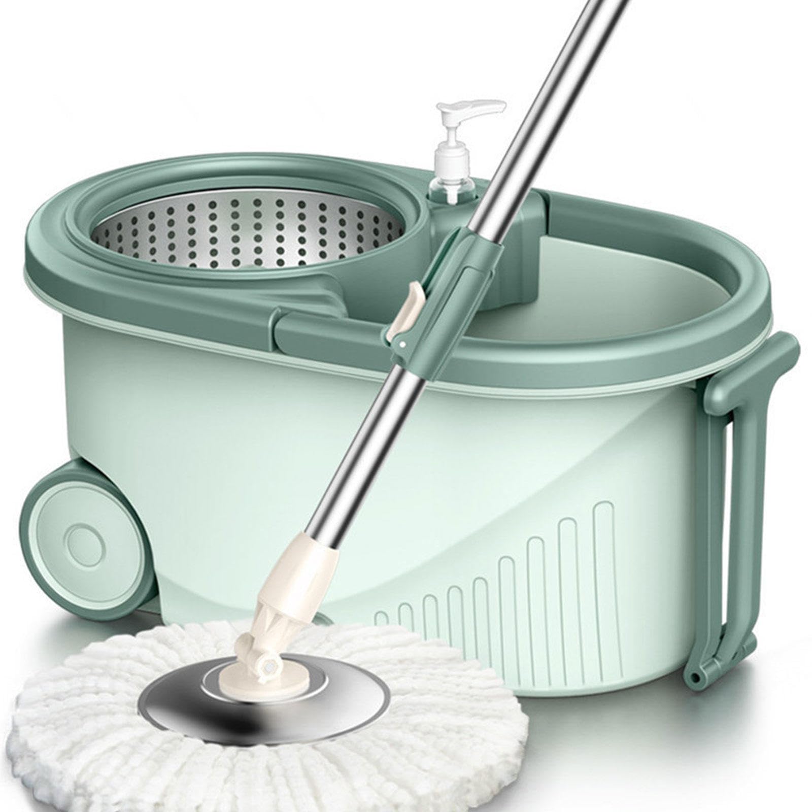 AMNOOL Cubo de Trapeador Giratorio Sistema de Limpieza de Piso Giratorio 360 con 5 Recambios de Cabeza de Repuesto de Microfibra, Mango de Acero Inoxidable Ajustable, Fácil de Mover con Ruedas