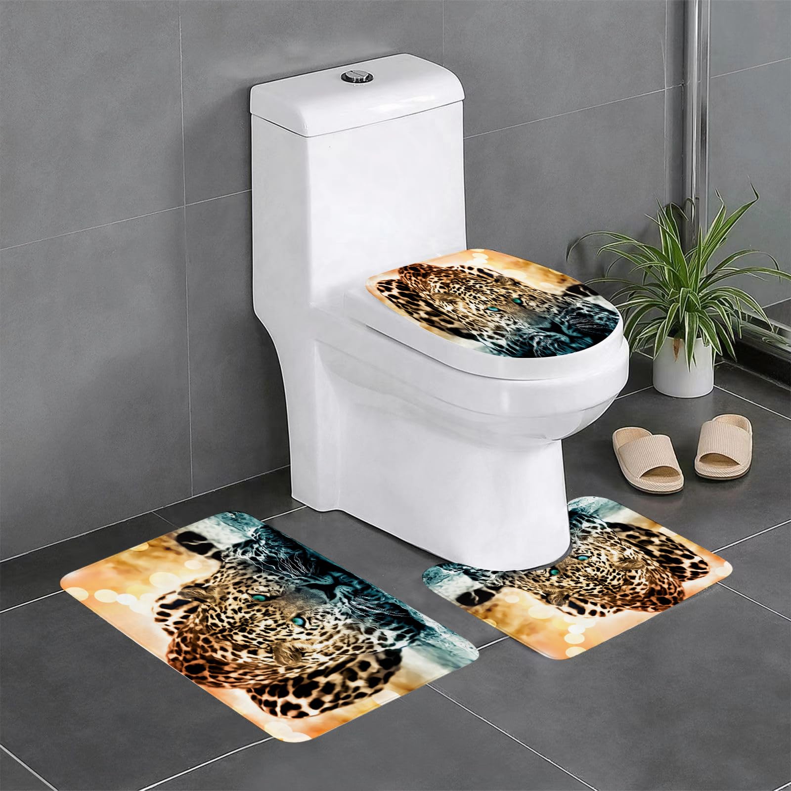 Set di 3 tappetini da Bagno, Lavabili in Lavatrice e Antiscivolo, in Morbida Fibra Superfine, Fantasia Leopardata (3)