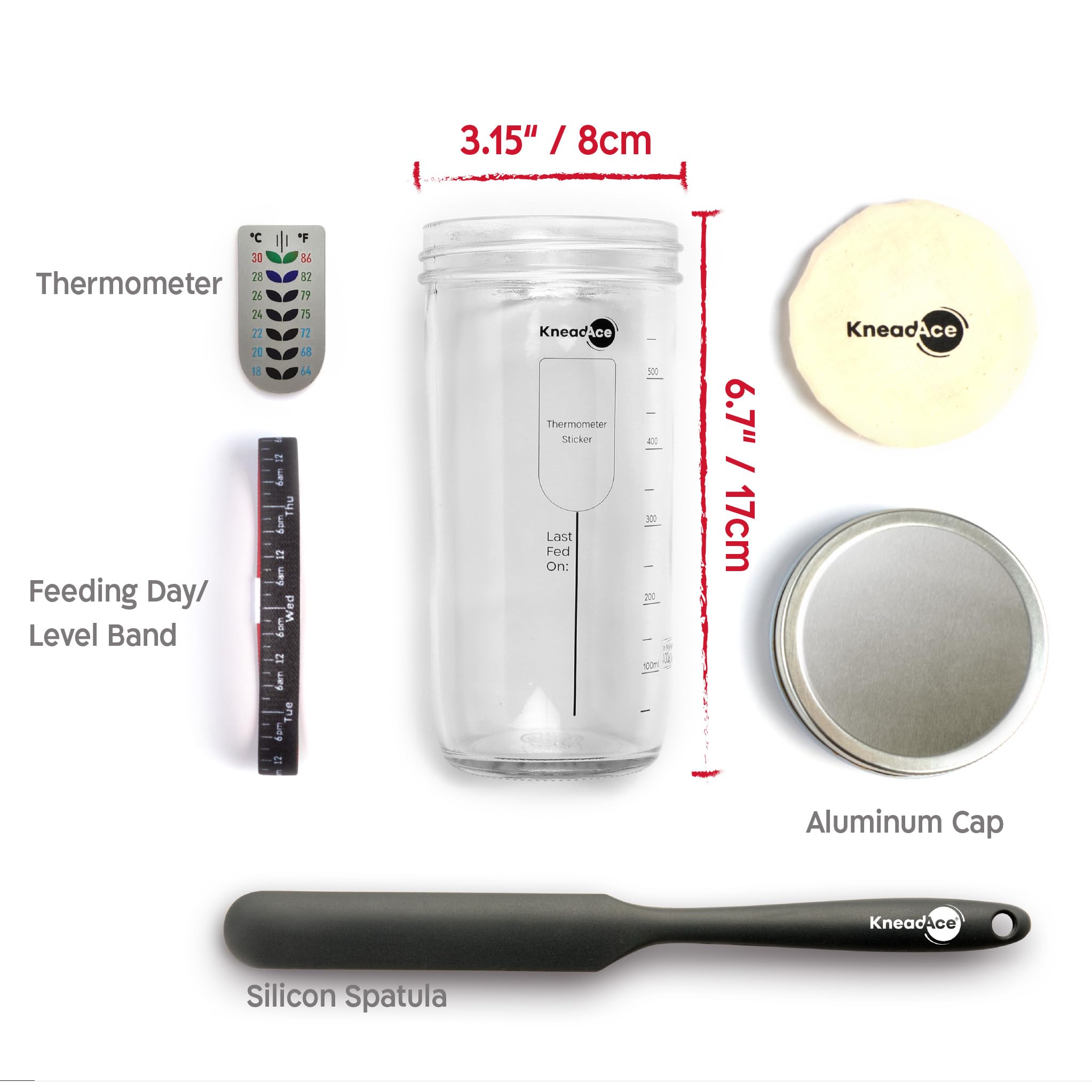 KneadAce Kit de démarrage au levain – Bocal de démarrage de 680,4 g, 2 paniers en corde de coton, lame à pain magnétique pour marquer – Cadeau pour boulangers et ensemble complet de cuisson du pain au