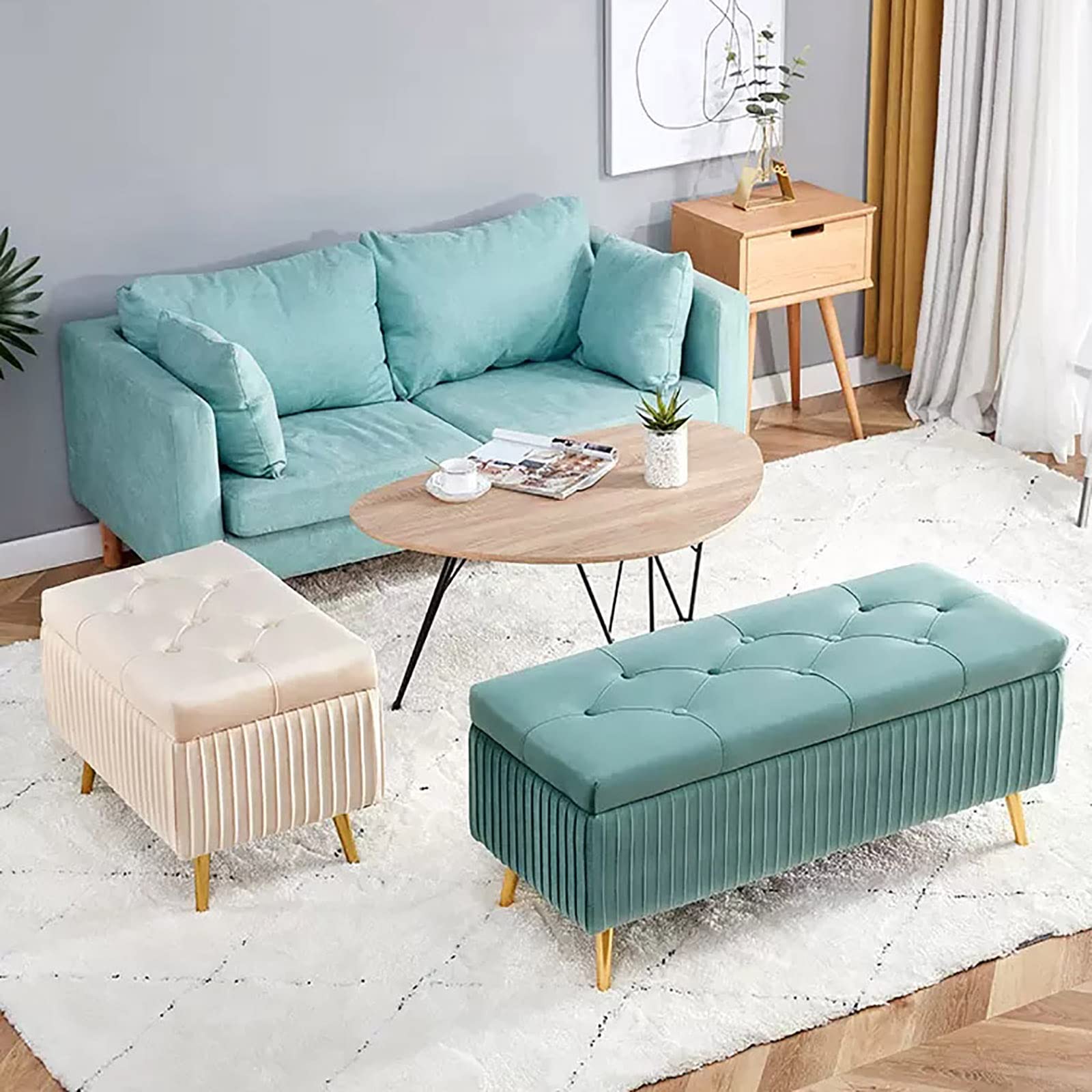 Panca ottomana in velluto – moderno poggiapiedi imbottito con gambe in metallo dorato e design trapuntato con bottoni – panca per soggiorno e camera da letto