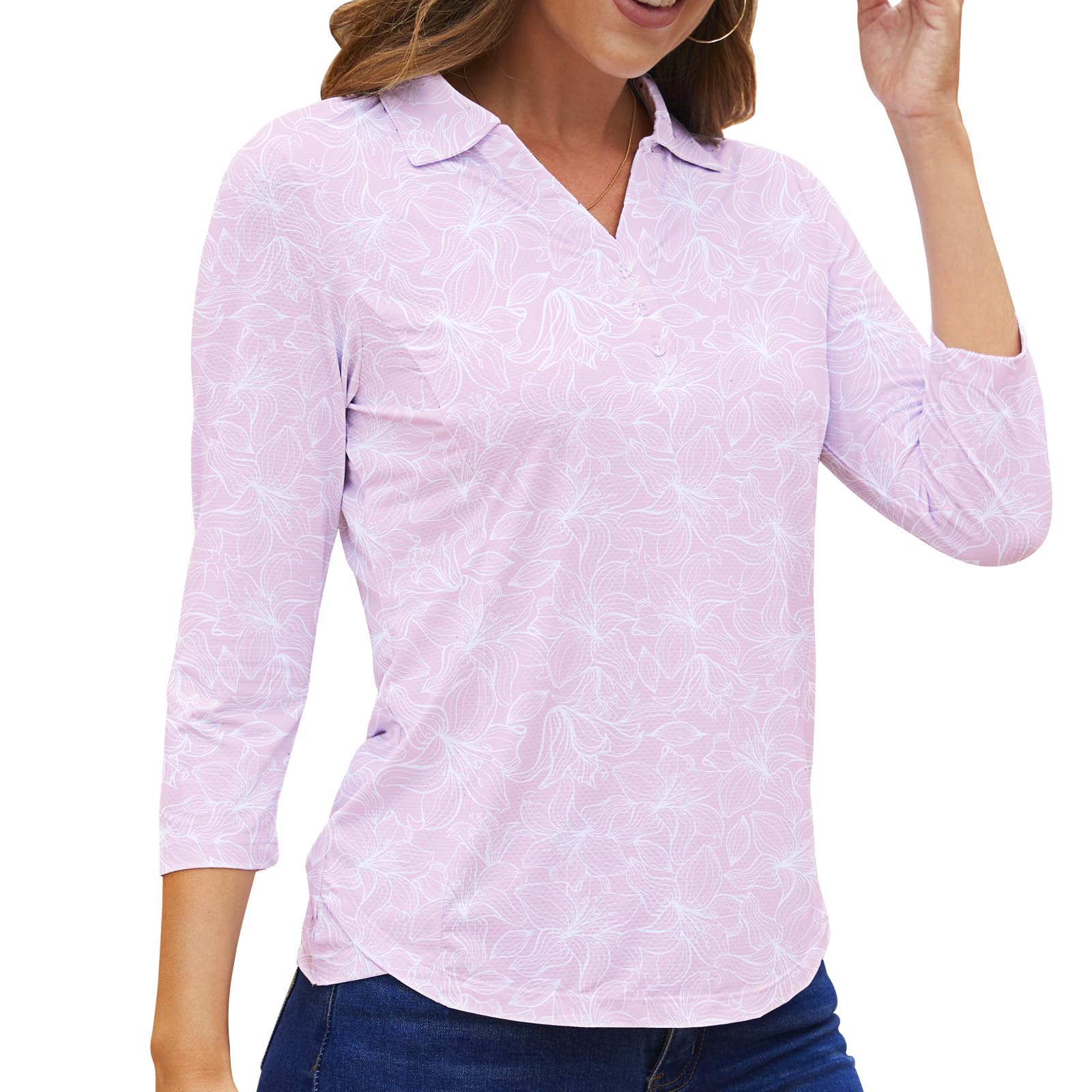 Women's Polo Shirt 3/4 Long Sleeve Golf Quick Dry T Shirts UPF 50+ Athletic Casual Work Shirts Tops for Women XX-Large 3/4 Sleeve-pink Flowers