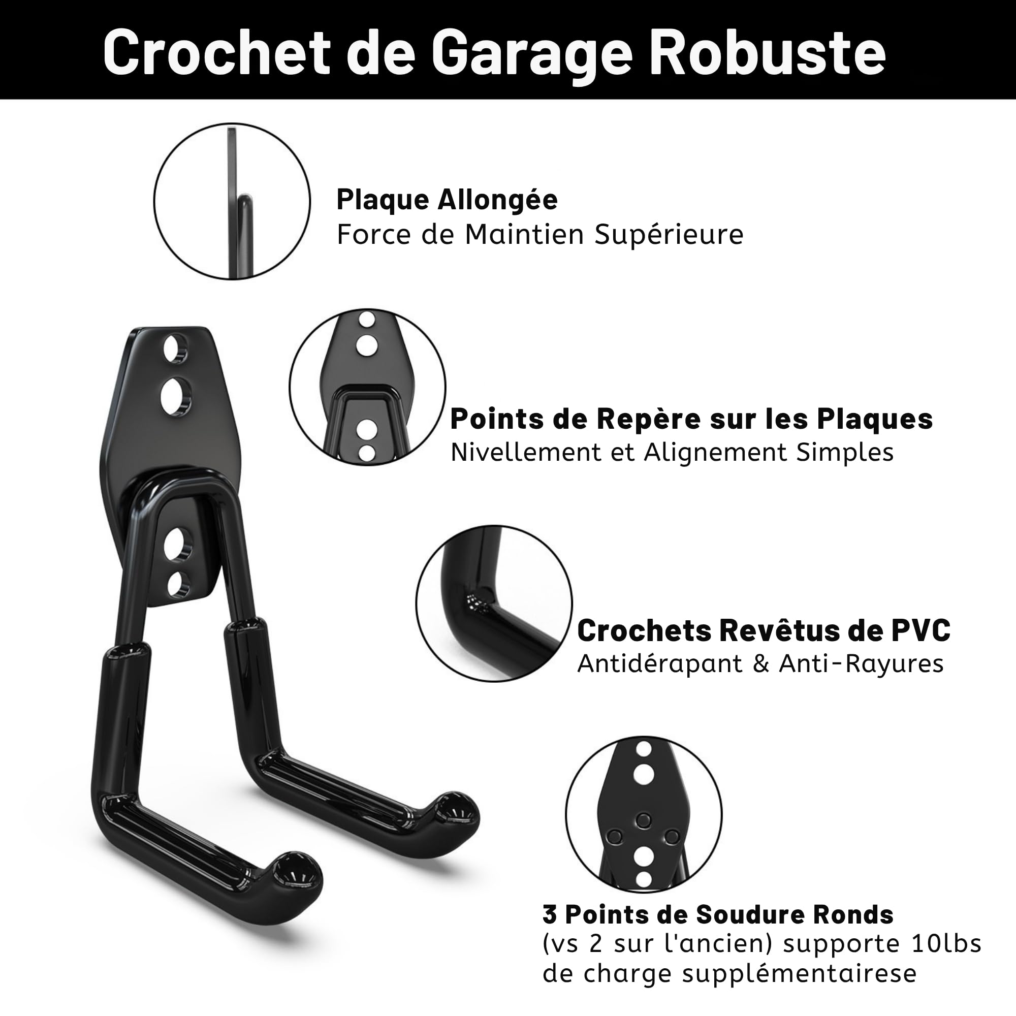 3-H Crochet Mural Garage 14pcs, Porte Outils Mural pour Rangement Atelier Jardin, Crochet Muraux en Acier Robuste avec 3 Points de Soudure pour Êchelle,Vélo,Tuyaux,Outil électrique,Noir