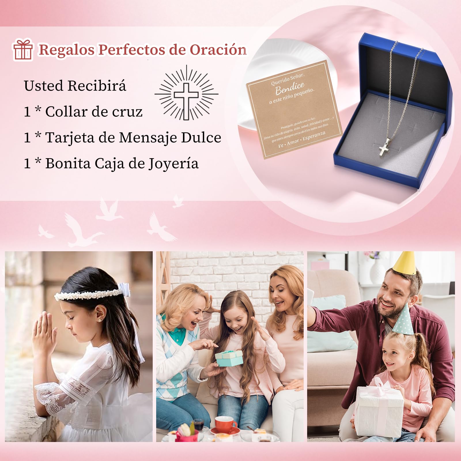 Regalos Comunion Niña Niño - Colgantes Cruz Cadena de Acero Inoxidable 316L en Plateado u Dorado, Collar para Navidad Cumpleaños, Regalo de Bautizo primera comunión y Confirmación para Niños Niñas