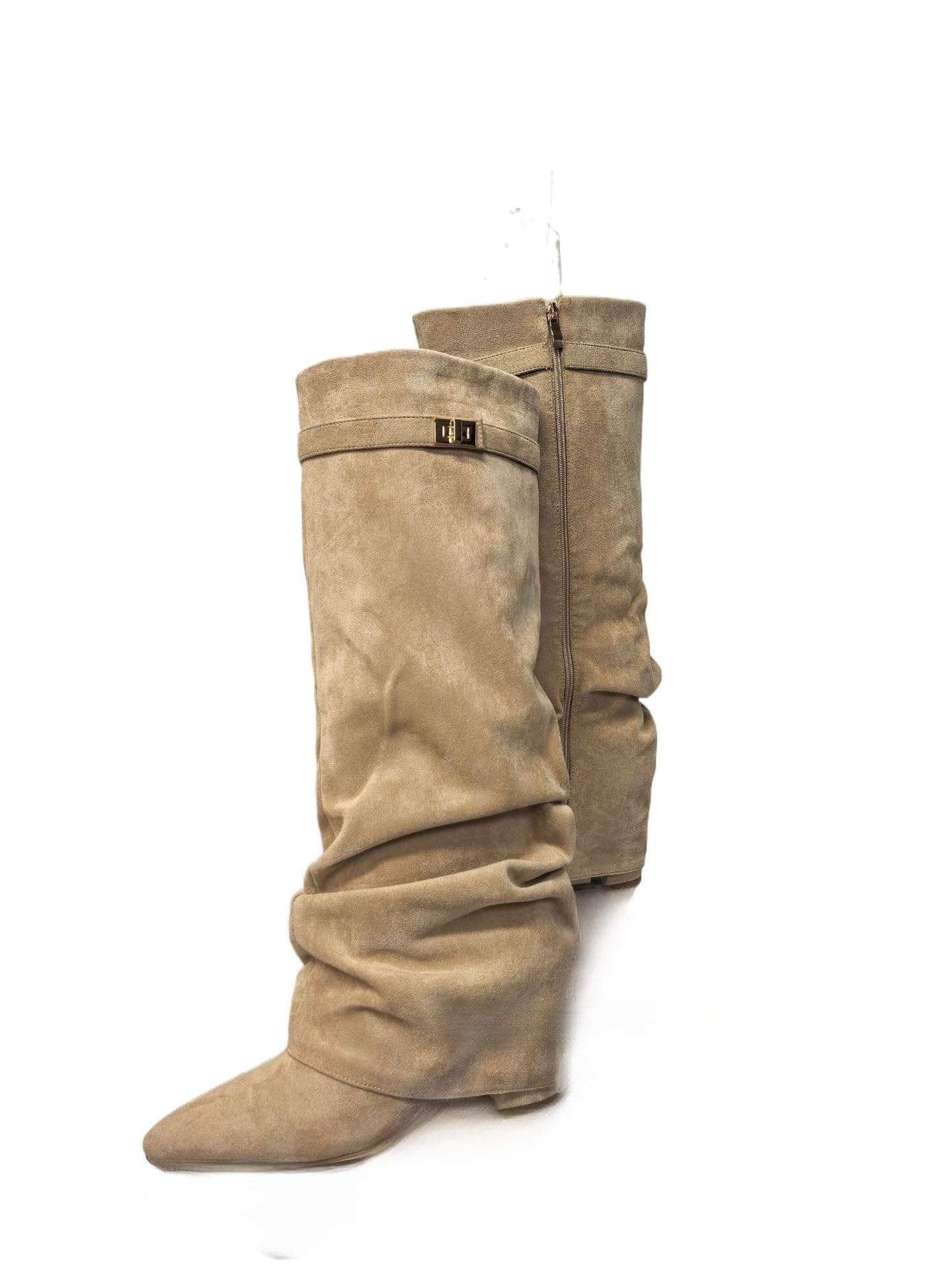 Ladies pointed straight tube pleated metal buckle medium long tube large size thick heel pants boots