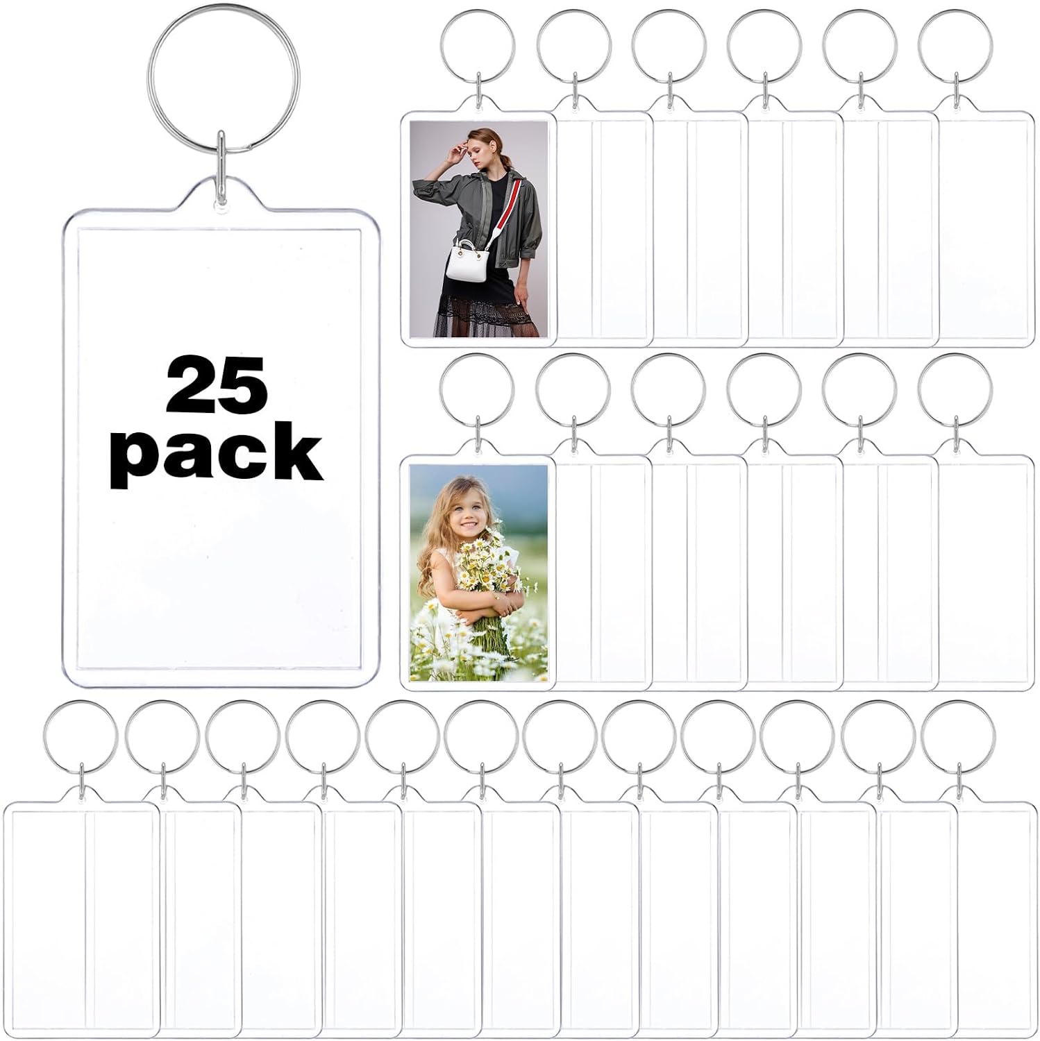 25 Pcs Clear Acrylic Photo Keychain, 2 x 3 Inch Blank DIY Picture Frame Keyring Holder, Double Sided Transparent Photo Insert for Personalised Crafts, Graduation Gifts, Party Favors