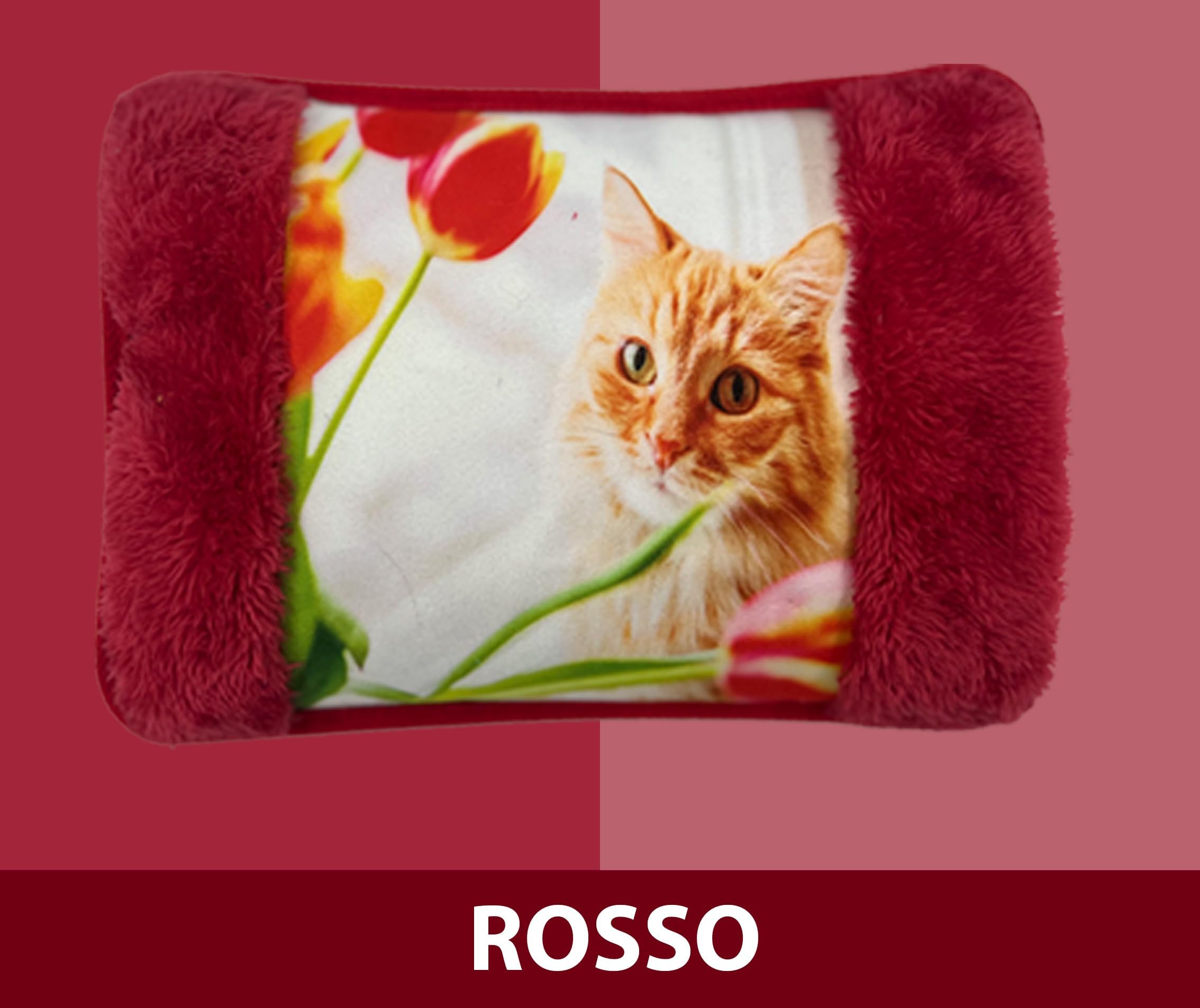 Borsa Acqua Calda Elettriche con Morbida Fodera in Peluche; 500 watt;Temperatura max 75°C;utile come Scaldamani e Scaldapiedi;Ideale per Alleviare Dolori Muscolari,Dorsali e Mestruali(Rosso-Gatto)