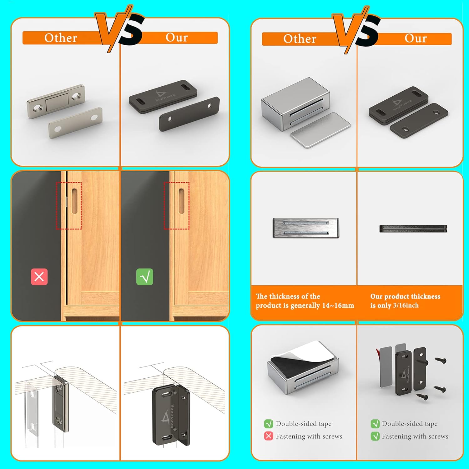 DonYoung Magnetic Door Catch 8 Pack, Utility Magnetic Cabinet Latch with Adhesive, Ultra Thin Door Magnets for Drawer Closet Kitchen Cabinet Cupboard Door, Sliding Door Keep Door Catch Tightly (black)