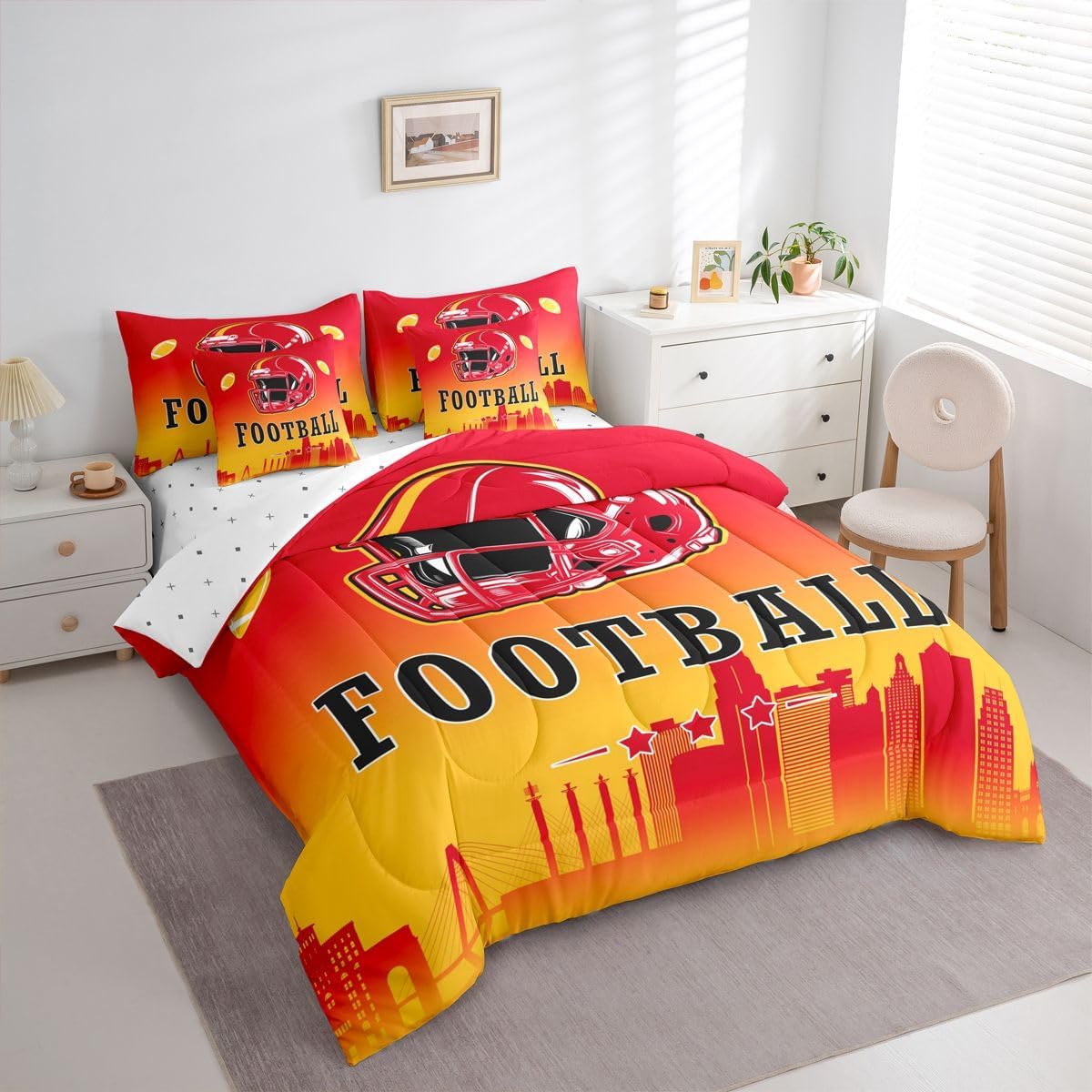 Erosebridal American Soccer Comforter Set with Sheets Full Boys Football Fans 7 Pcs Bedding Set American Rugby Sports Bed in A Bag for Kids Teen Adults,City Silhouette Ball Games Bed Set
