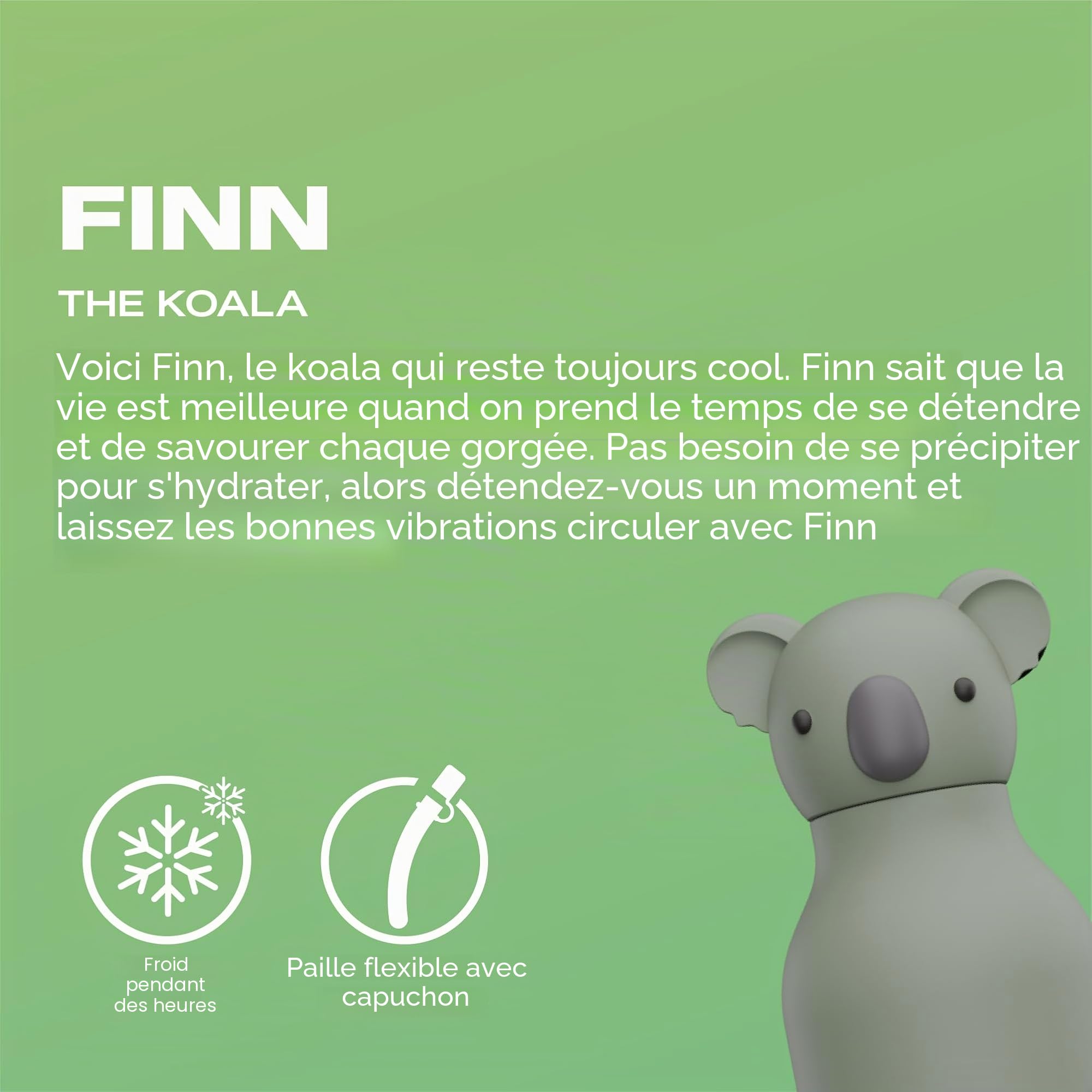asobu Bestie Gourde isolée en acier inoxydable avec tête d'animal souple amovible pour enfants et adolescents avec paille flexible réutilisable (coala)