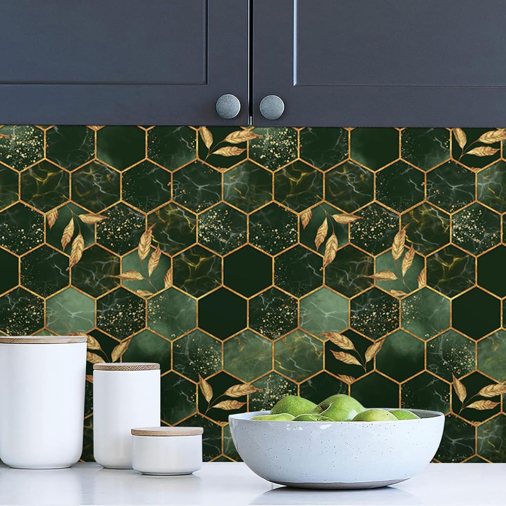 MuralPeel Vintage Green Golden Geometric Honeycomb Mosaic Peel and