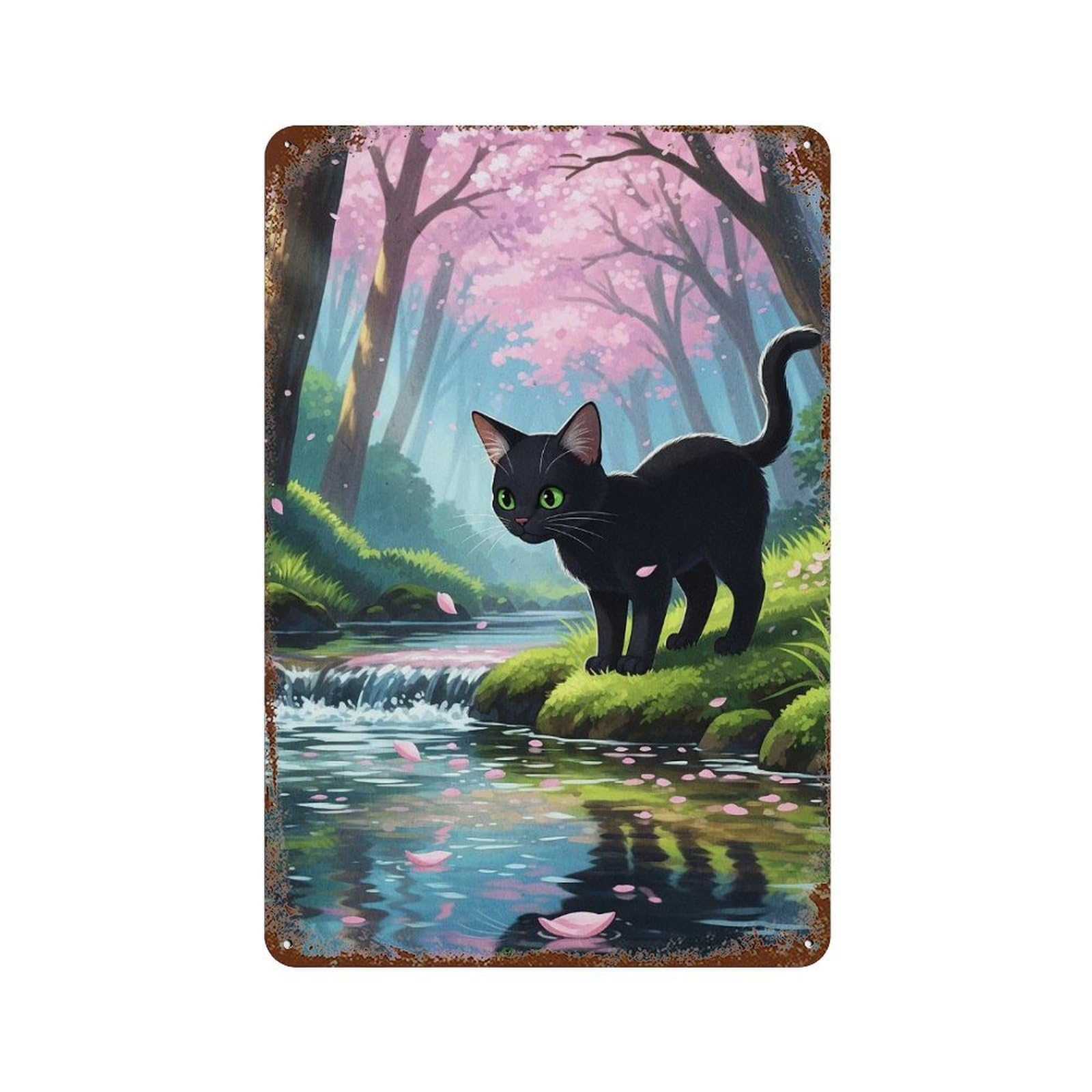 Distressed Metal Wall Sign with Black Cat in Cherry Blossom Forest Design 11.8"x7.9", for Cafe, Home Bar And Lounge Decor, Retro Wall Decor
