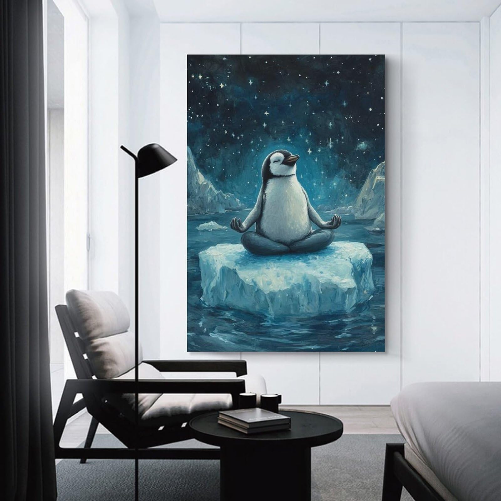 Junmoney Canvas Wall Decor Meditating Penguin, 24x36inch(60x90cm), for Lounge Decor, Bedroom Walls Or Flats, Eye Catching Artwork for Blank Walls