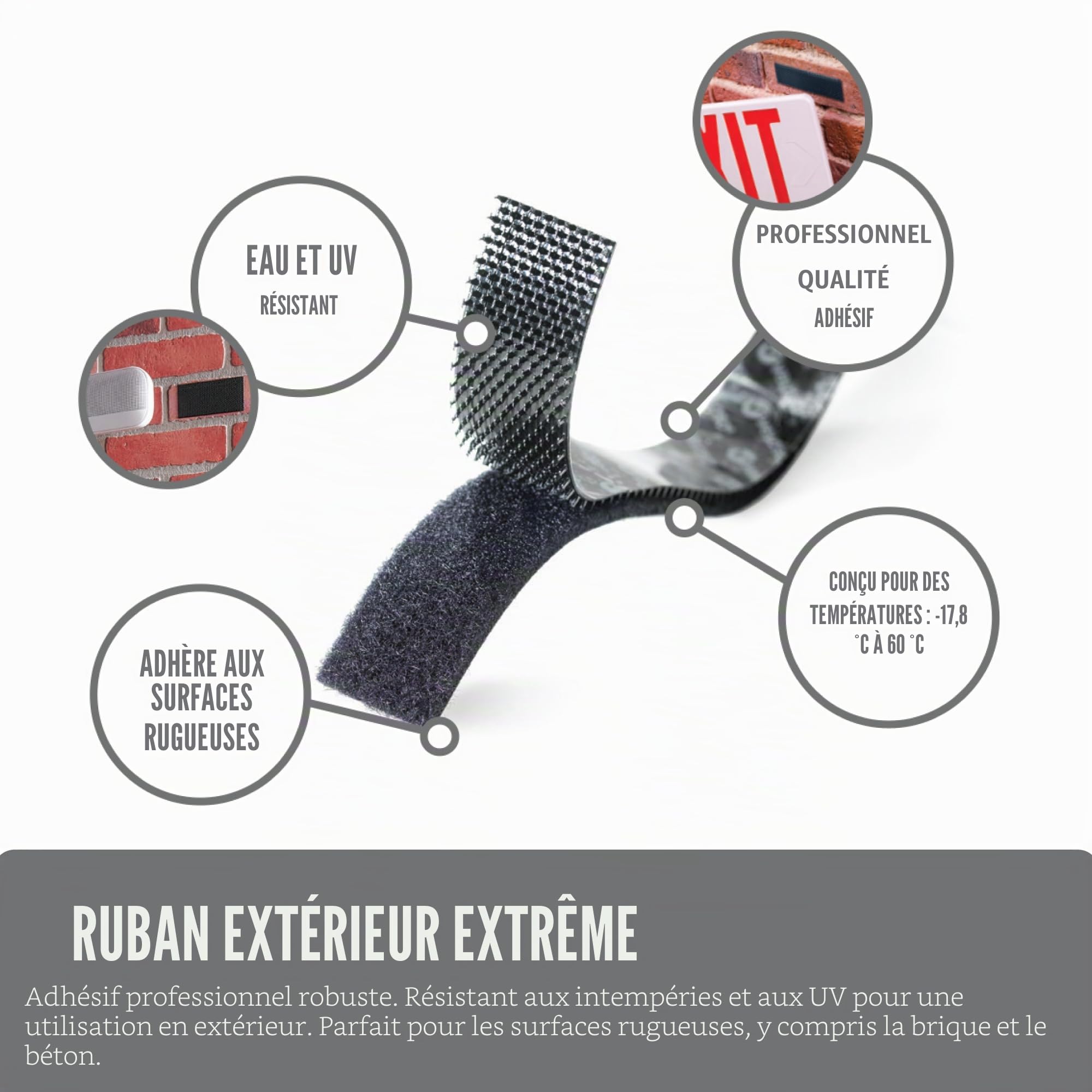 VELCRO Brand Ruban adhésif double face Extreme Outdoor | Peut supporter jusqu'à 6,8 kg sur la brique ou d'autres surfaces rugueuses | Résistant aux UV et aux intempéries | Rouleau robuste de 4,2 m