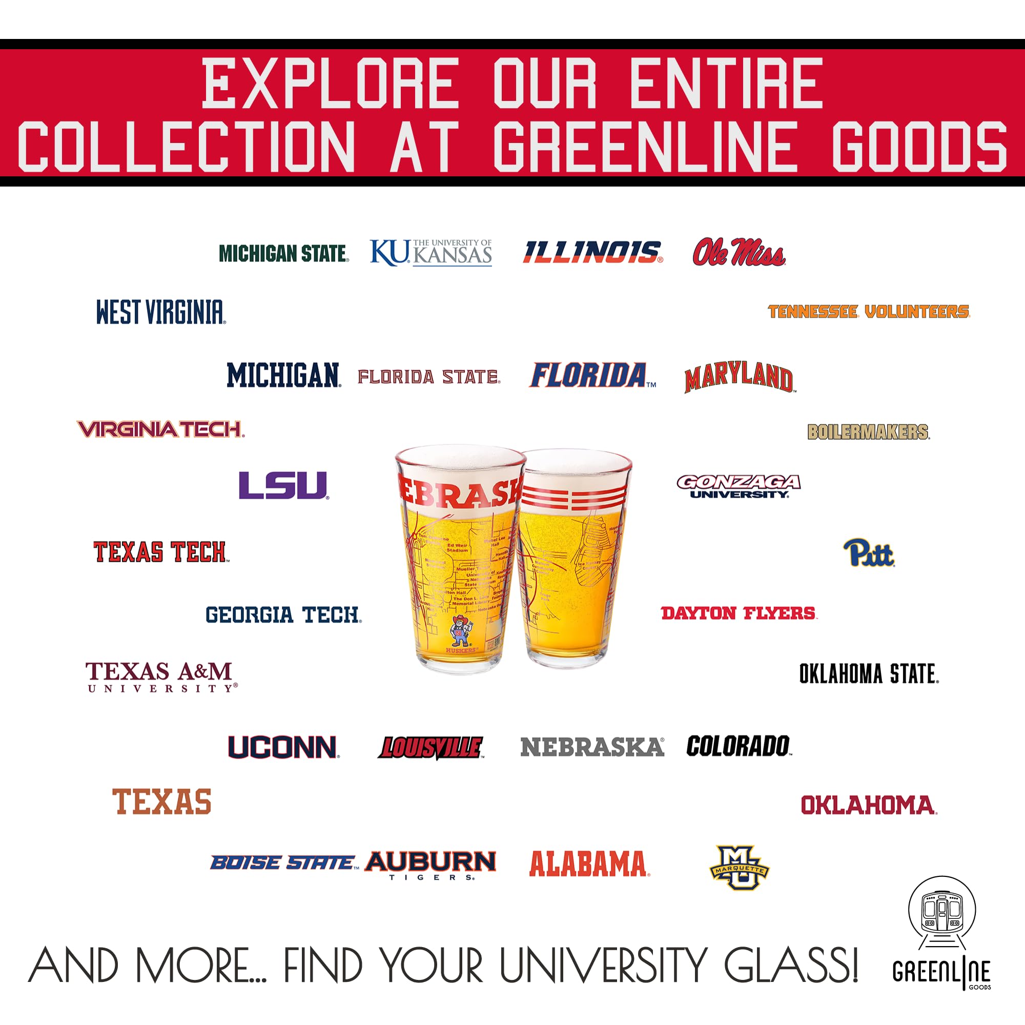 Greenline Goods University of Nebraska Pint-Gläser, 2 Stück, enthält farbiges Nebraska Huskers-Logo und Campus-Karte, Huskers Geschenkidee für College-Absolventen und Alumni, College-Glaswaren