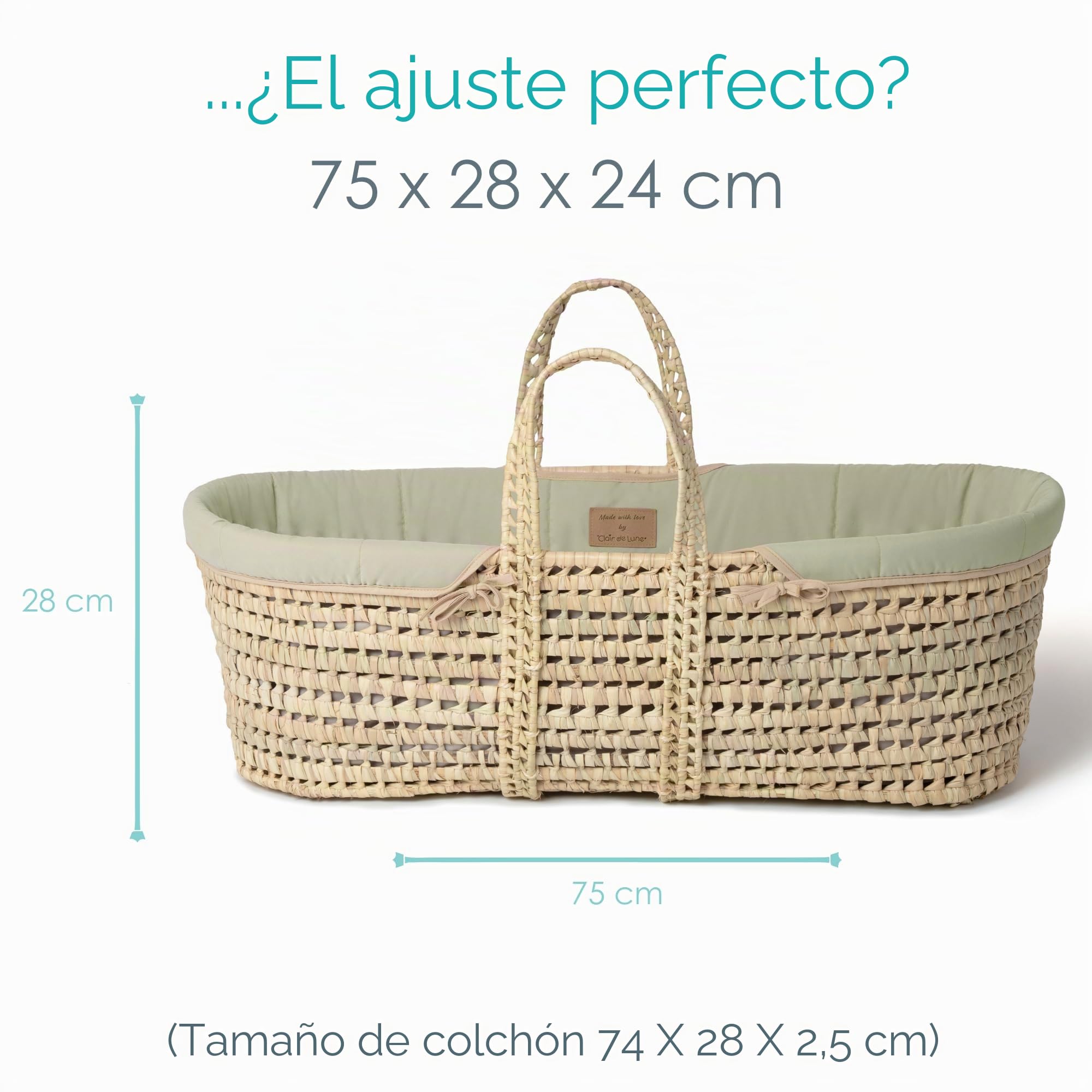Clair de Lune Moisés orgánico Palm con Soporte mecedor Natural, galardonado moisés para bebé, 75 x 28 cm (Verde Salvia)