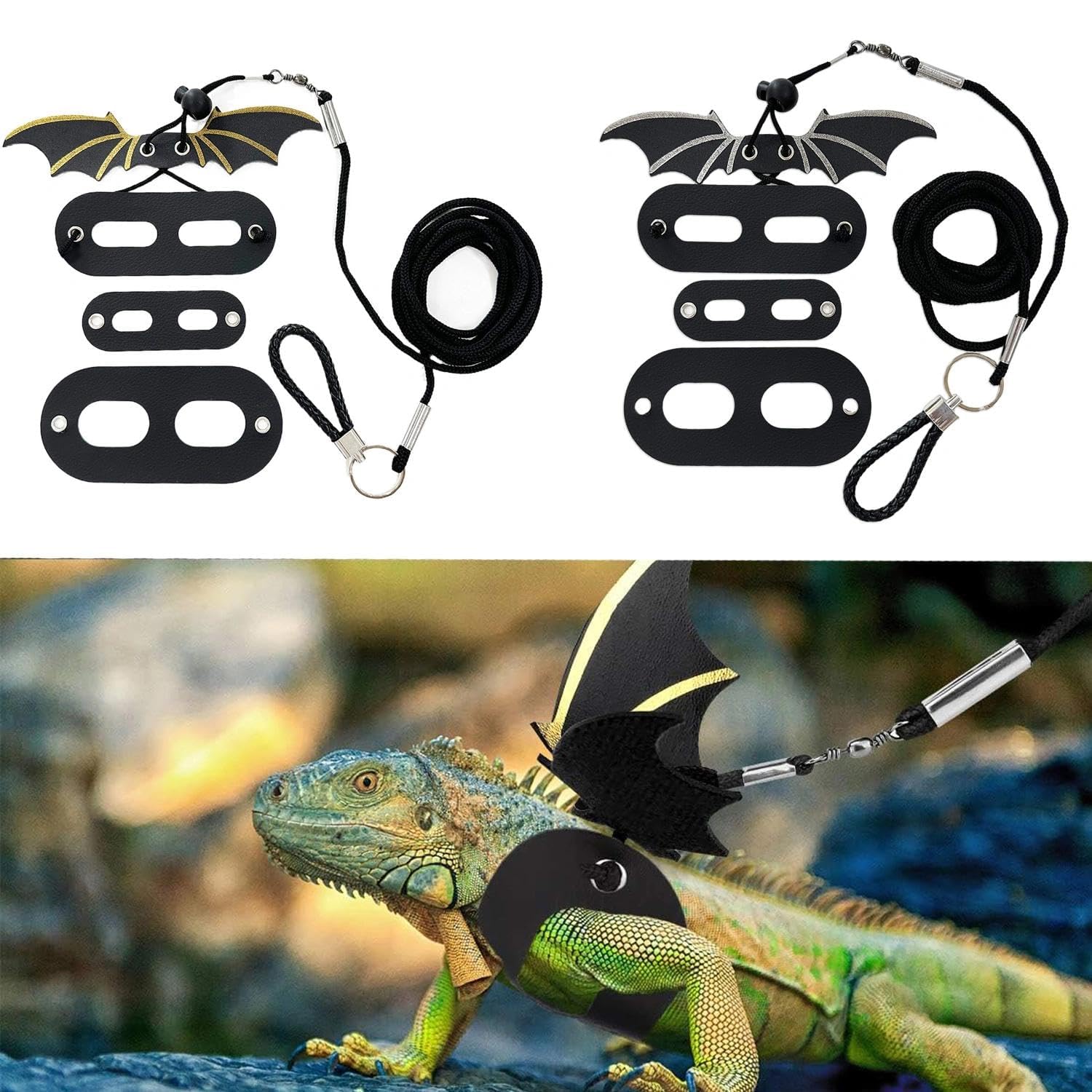 2 pièces Laisse Traction Aile Lézard, Laisse Lézards avec Aile, Harnais Cuir Souple Amphibiens, Harnais D'aile Cuir Reptile, pour Animaux Reptiles Petite, Moyenne et Grande Taille (Or, Argent)
