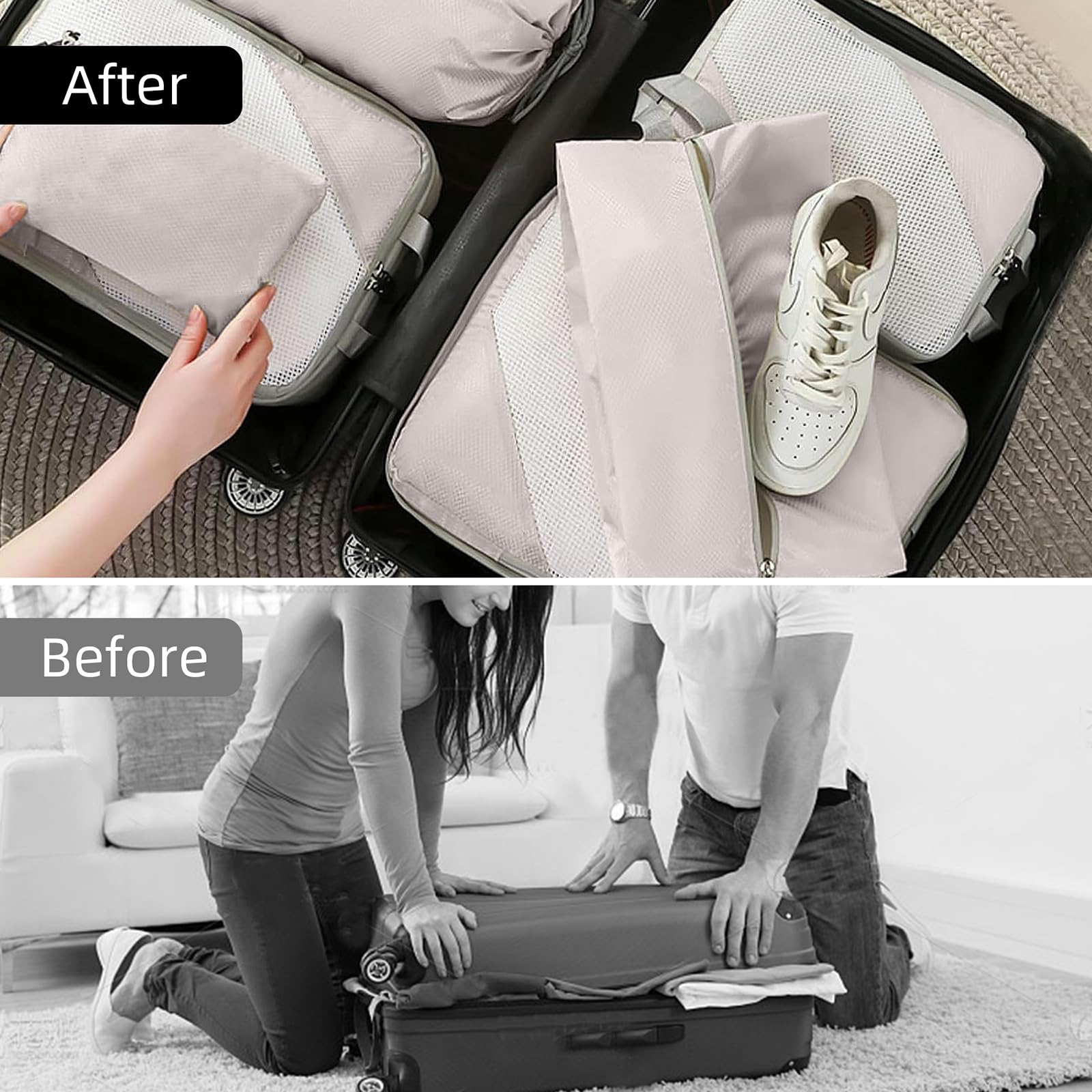 Organizer Valigia, 8 Pezzi Espandibile Packing Cubes per Zaino, Ultraleggero Organizer Viaggio per Bagagli da Trasporto (Beige)
