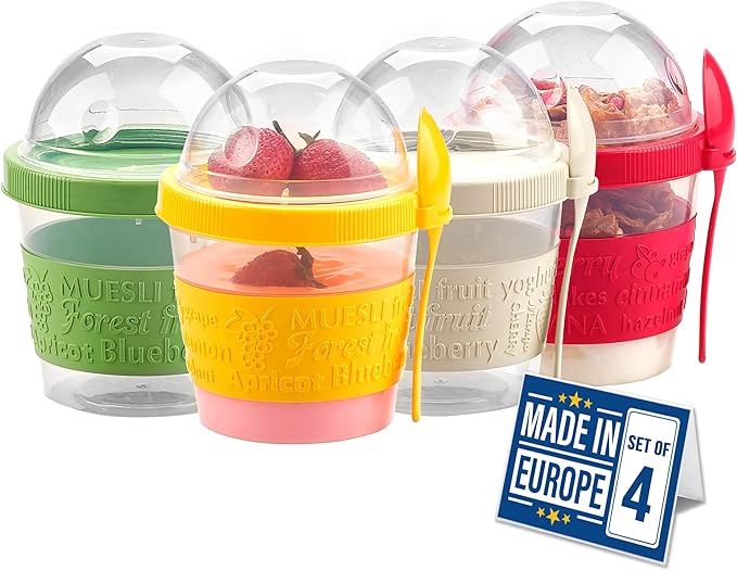 CRYSTALIA Yoghurt Becher mit Löffel, Set 4 500ml 100 BPA FREI