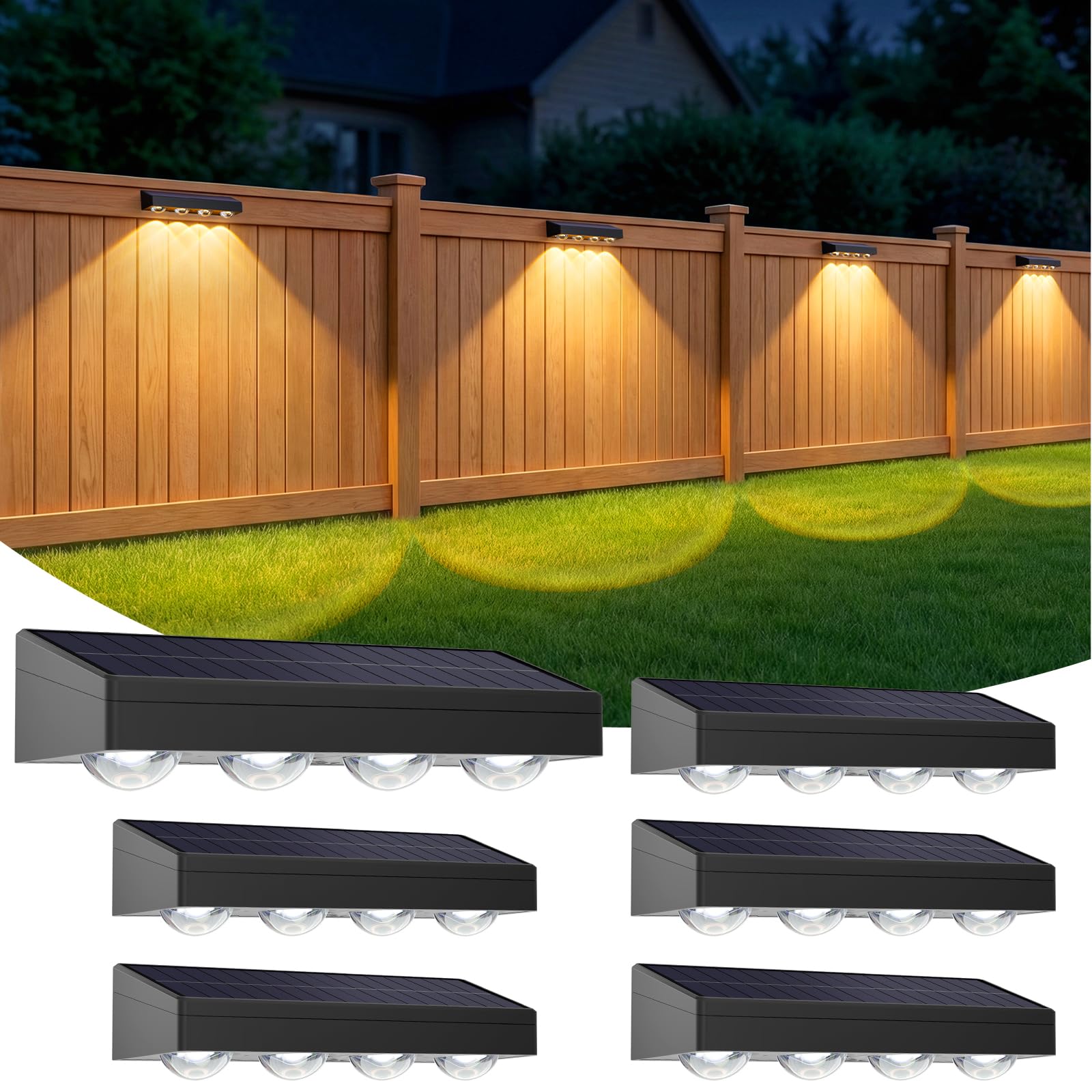 TYHBRV Solar Fence Lights Outdoor Waterproof, 3-Color Lighting Modes LED Solar Powered Deck Lights, Outdoor Step Lights for Railing, Patio, Wall, Backyard(6 Pack)
