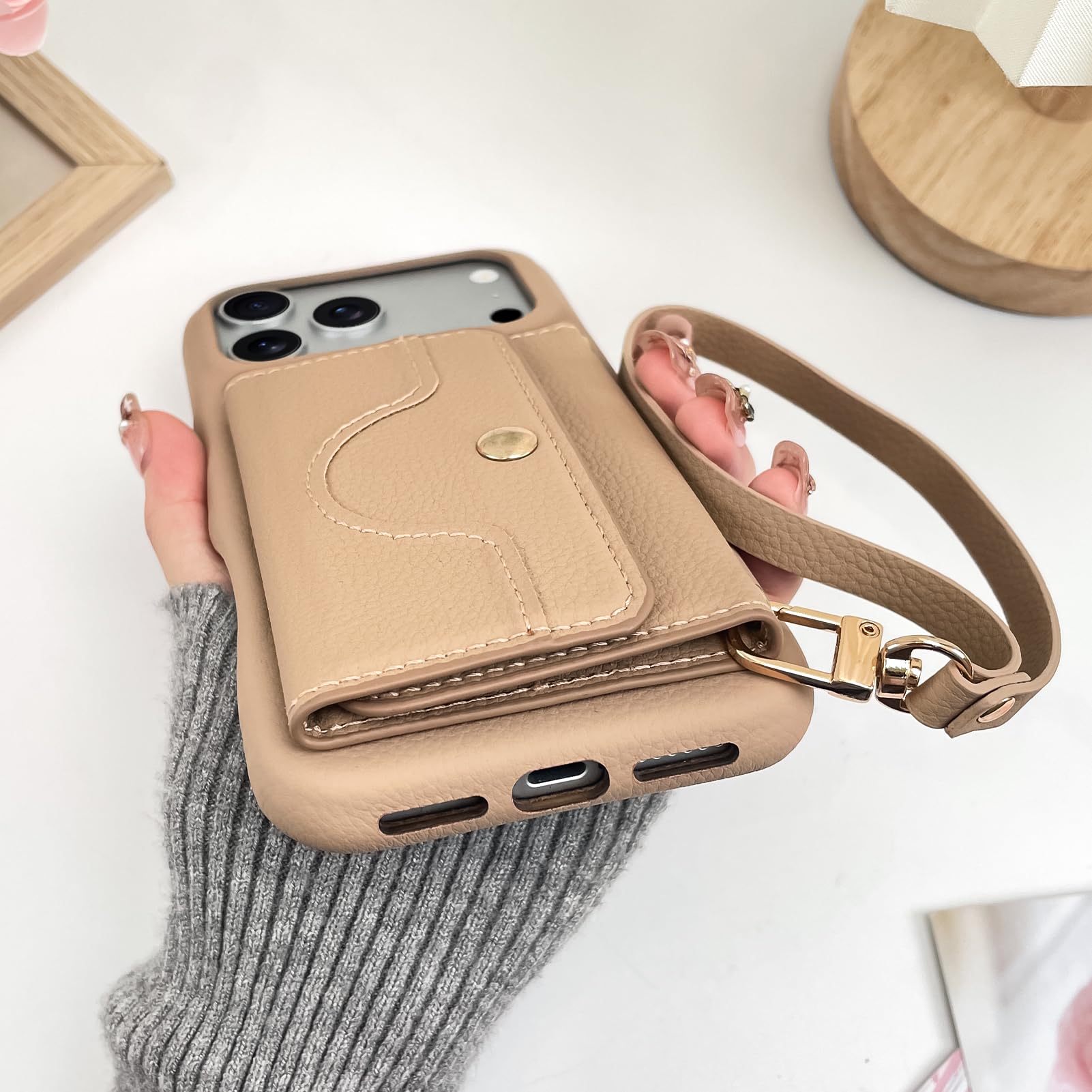 OOK Custodia a portafoglio per iPhone 17 Pro Max con porta carte di credito | Design multifunzionale con slot per schede, cinturino da polso, specchio nascosto, custodia protettiva sottile in pelle TPU