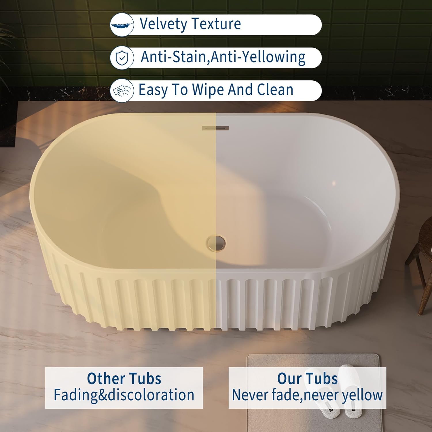 Comparison image showing the Garvee Bathtub's resistance to fading and yellowing versus other tubs.